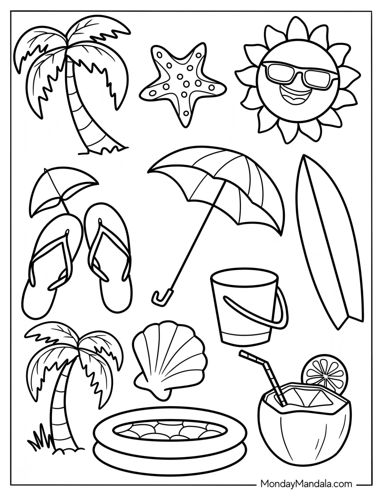 Beach Flip Flops, Umbrella, Surfboard, Seashell, Palm Tree, Coconut Drink, Bucket, And Sun coloring page — printable line art