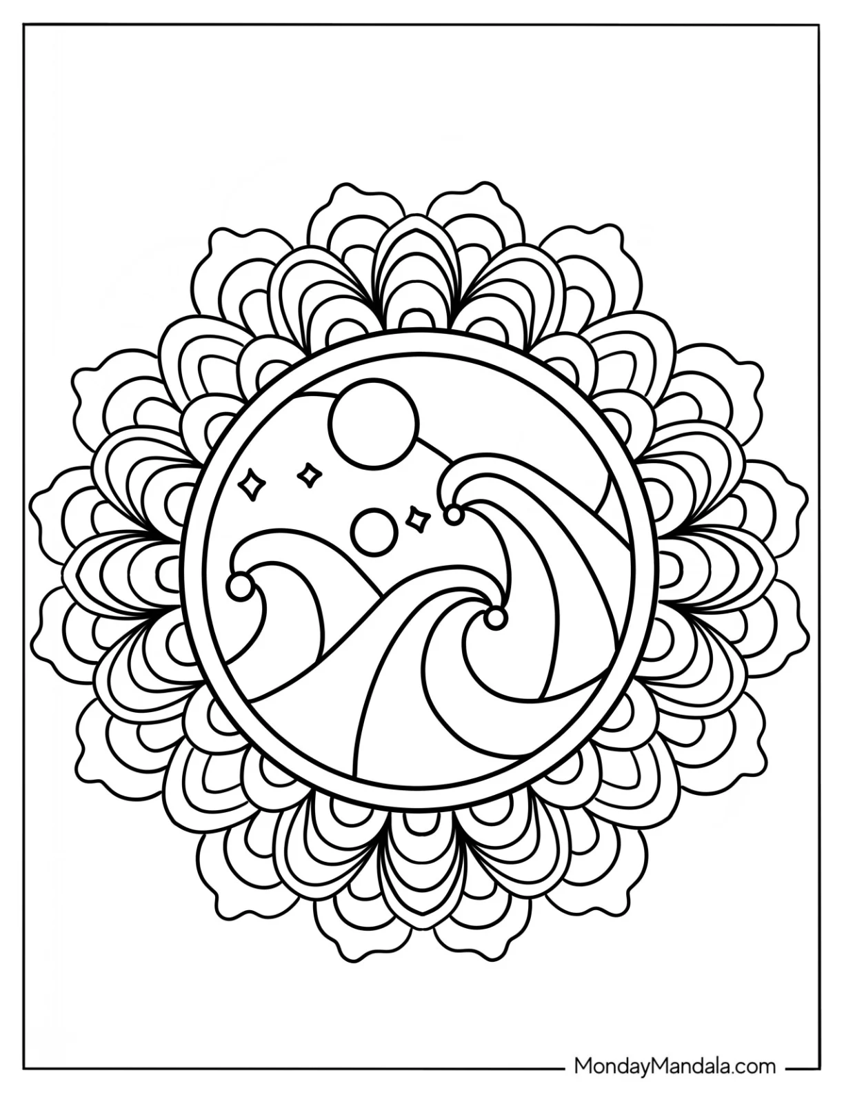 Beach Mandala With Large Waves coloring page — printable line art
