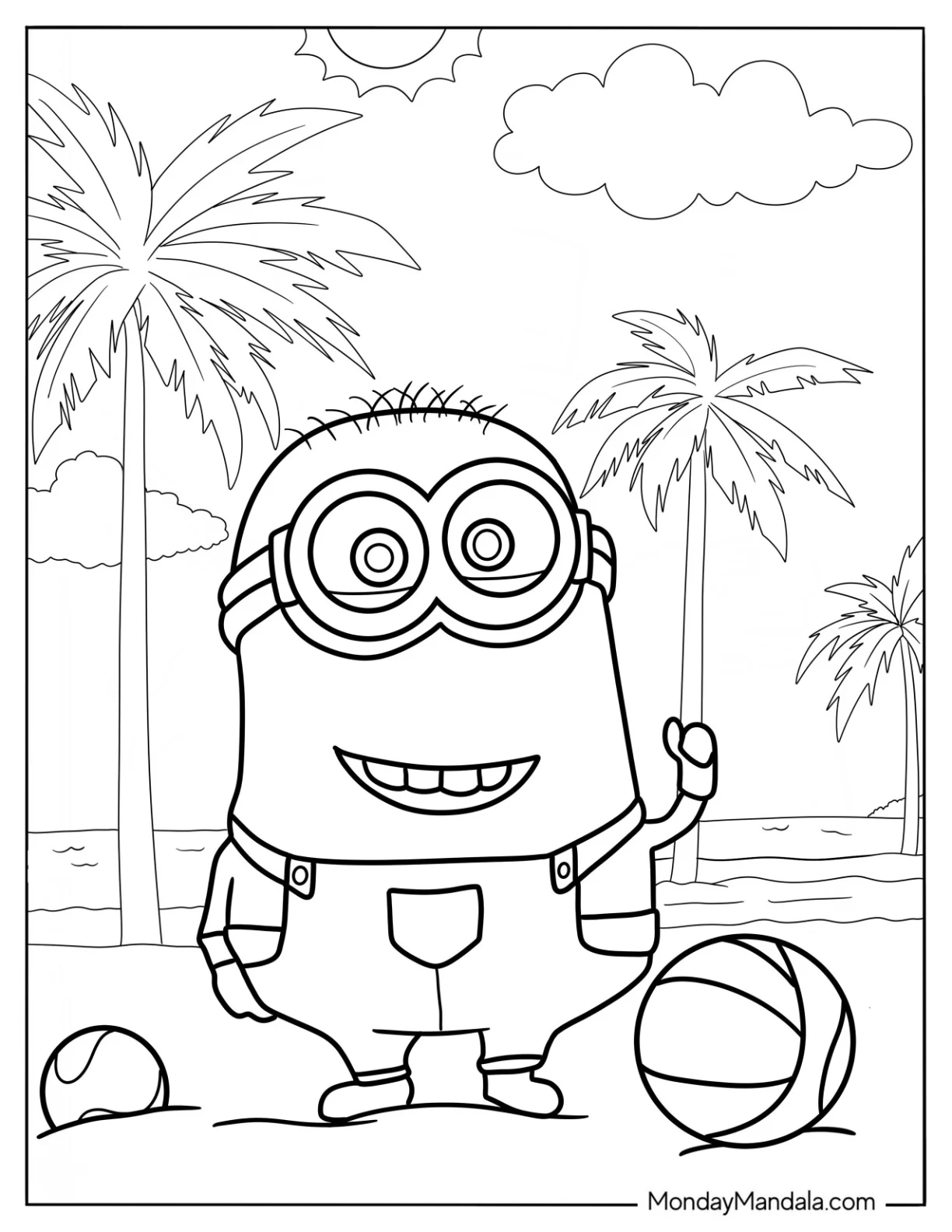Cute Minion At The Beach Coloring Page For Kids coloring page — printable line art