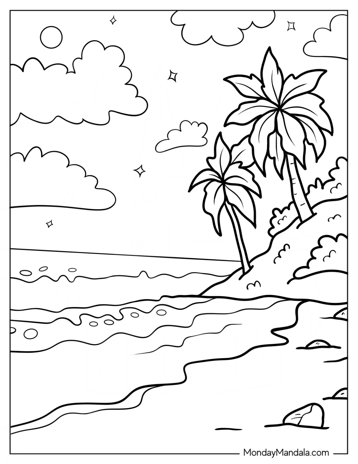 Easy Beach Coloring Page Shore With Trees coloring page — printable line art