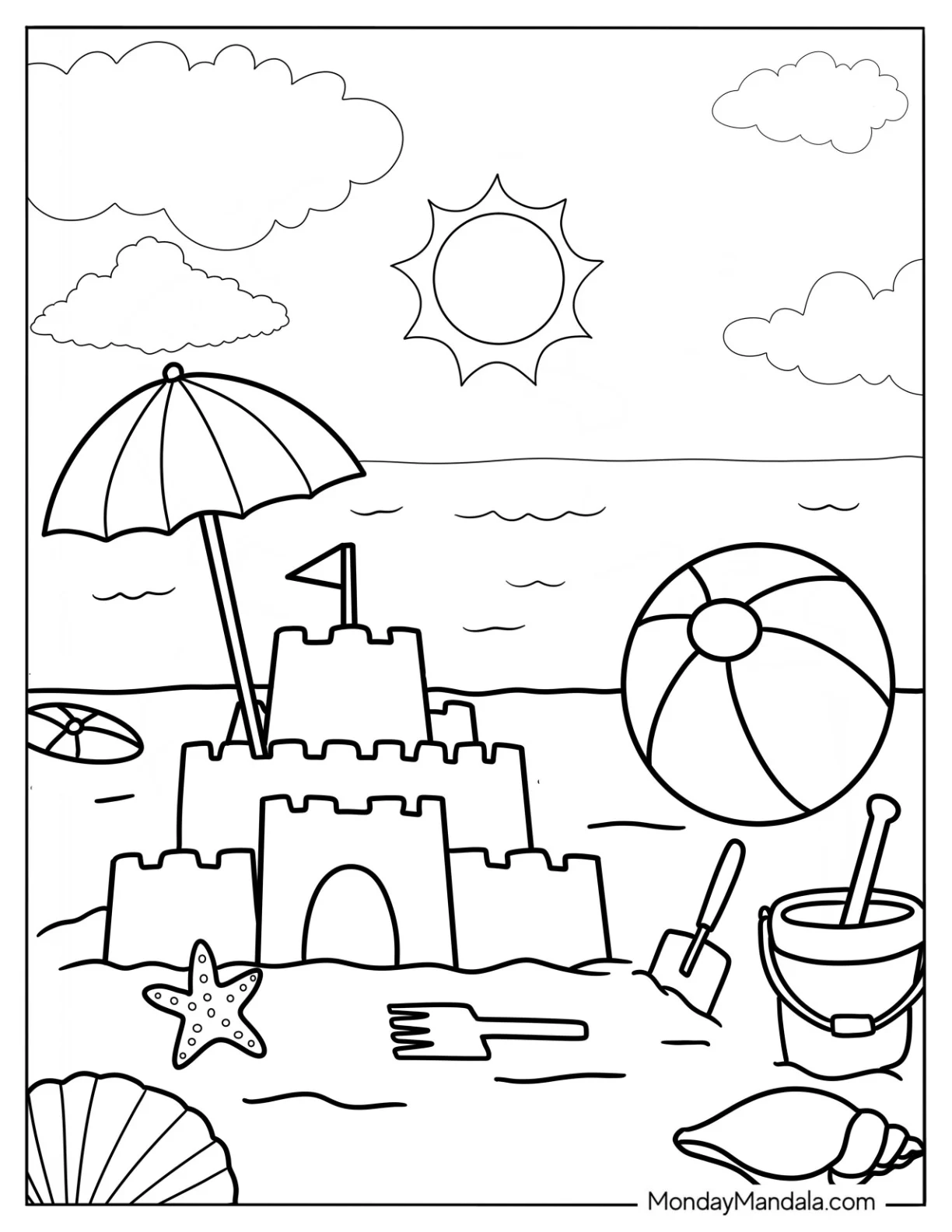 Easy Sand Castle With Umbrella And Beach Ball Coloring Sheet coloring page