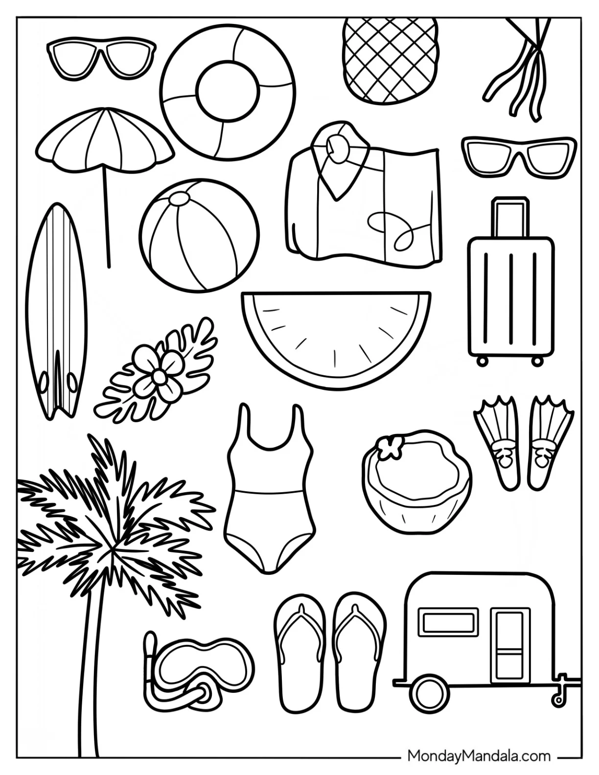 Full Page Beach Essentials Coloring Sheet coloring page — printable line art