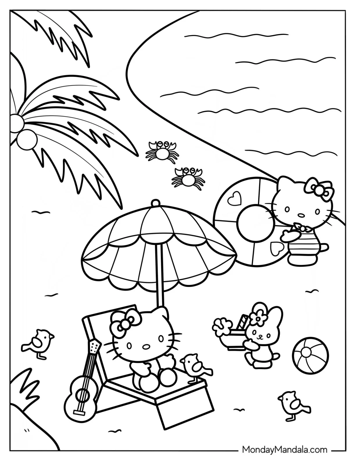 Hello Kitty And Friends Lounging At The Beach Coloring Page coloring page