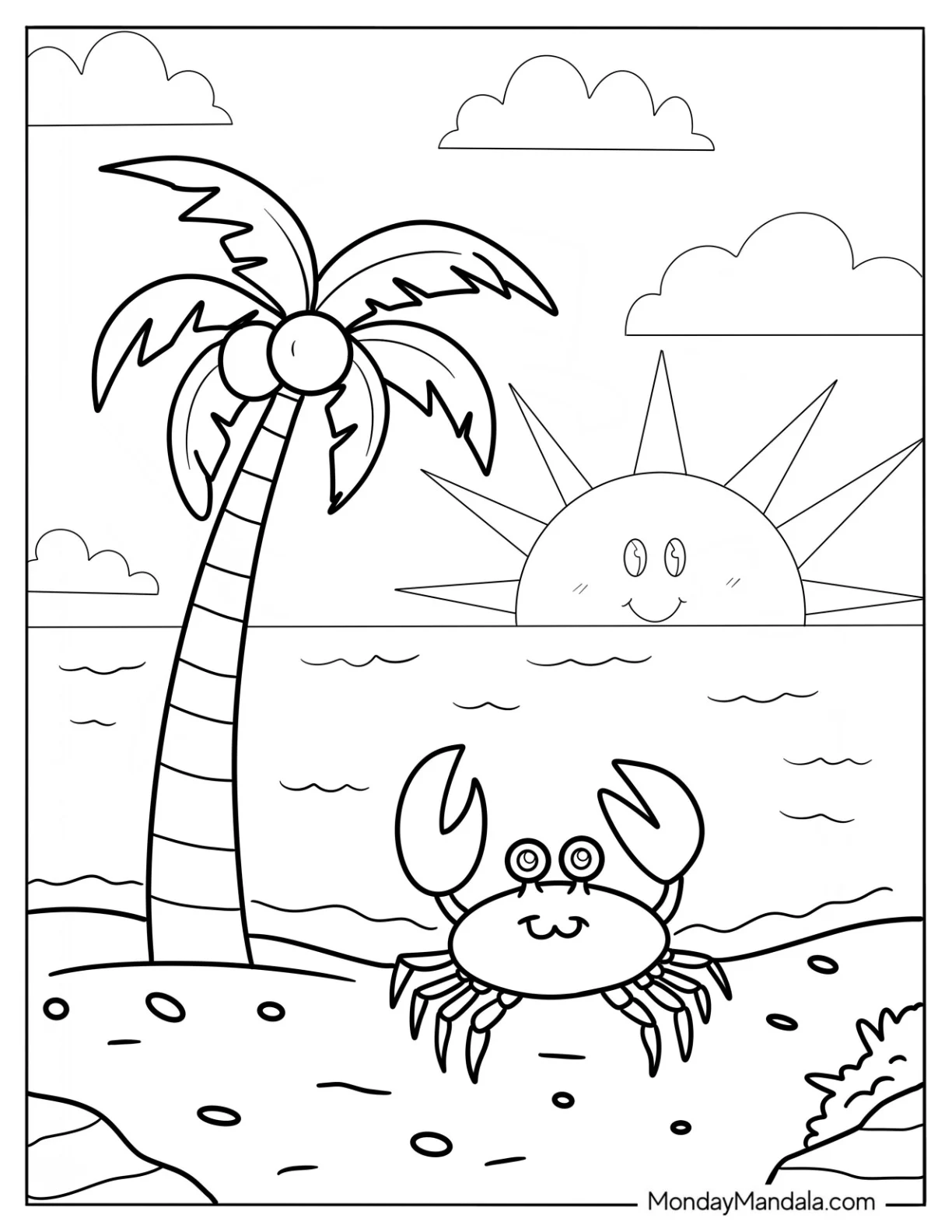Kawaii Crab On The Beach Coloring Sheet For Kids coloring page