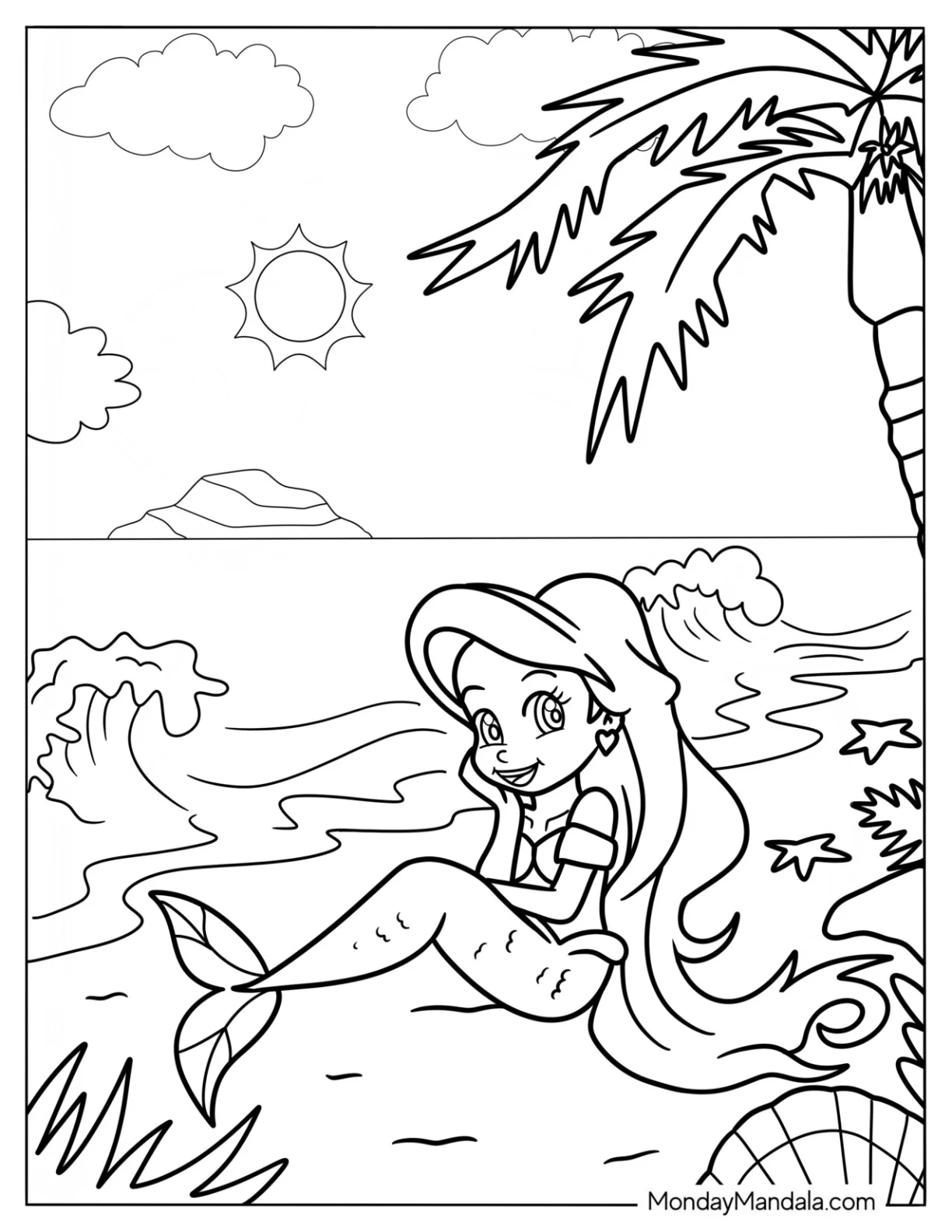 Mermaid Sitting On The Beach Coloring Sheet For Kids coloring page