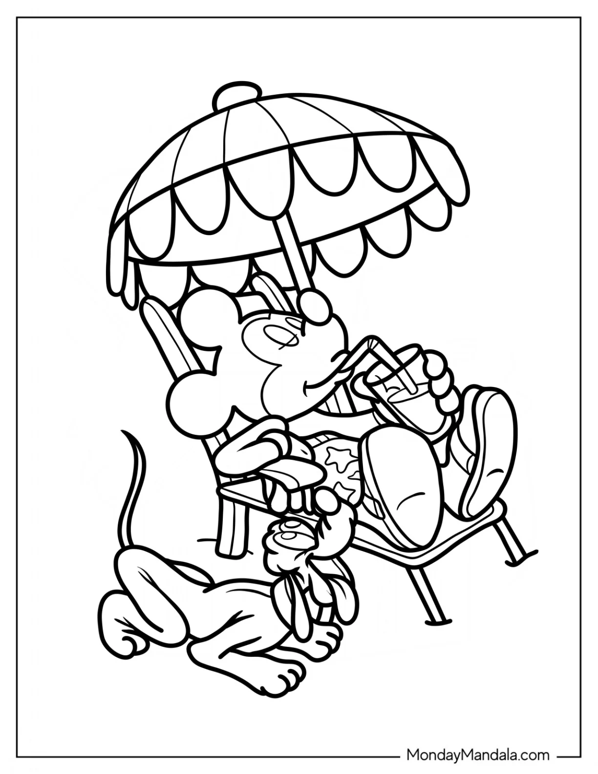 Mickey Mouse And Pluto Lounging At The Beach Coloring Page coloring page — printable line art
