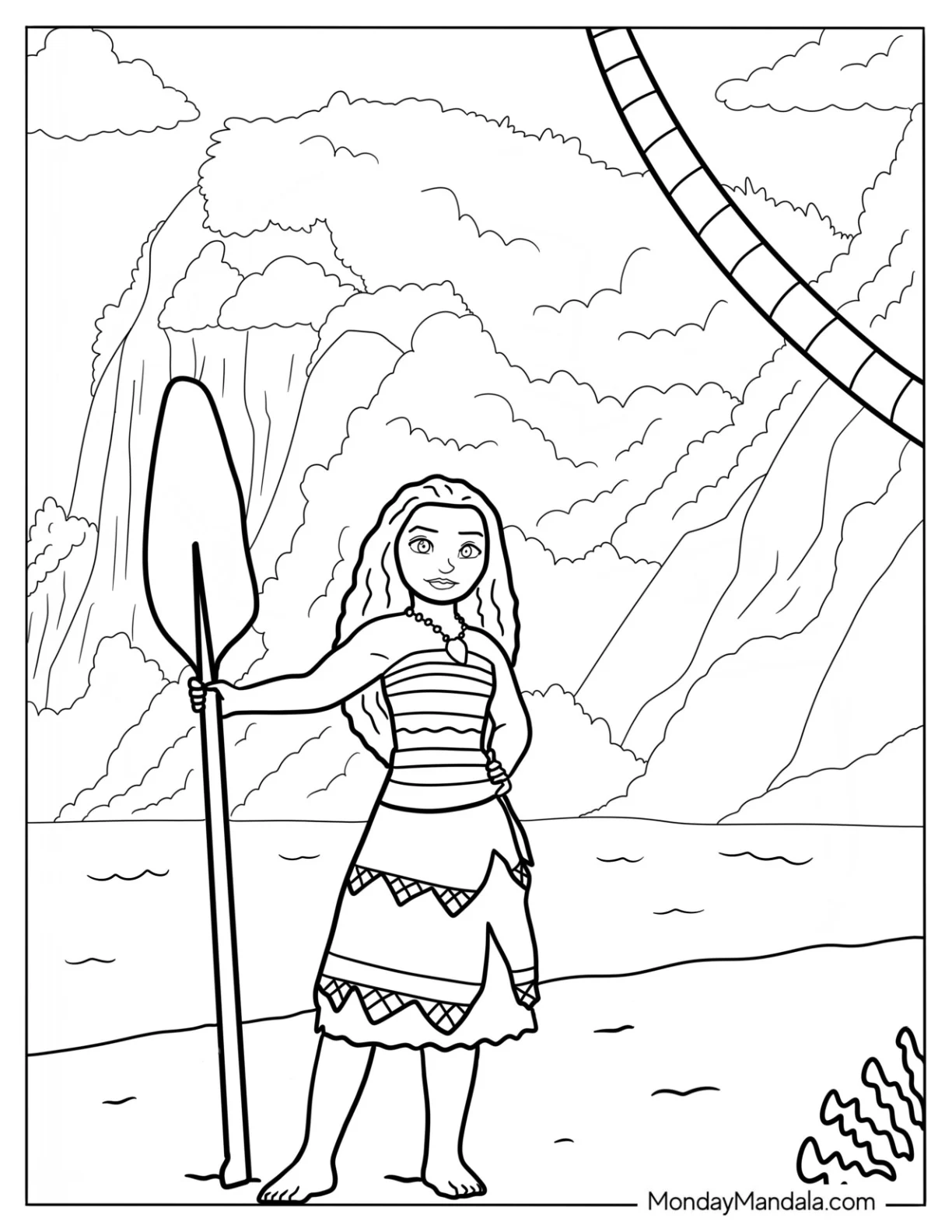 Moana Holding An Oar At The Beach Coloring Page For Kids coloring page