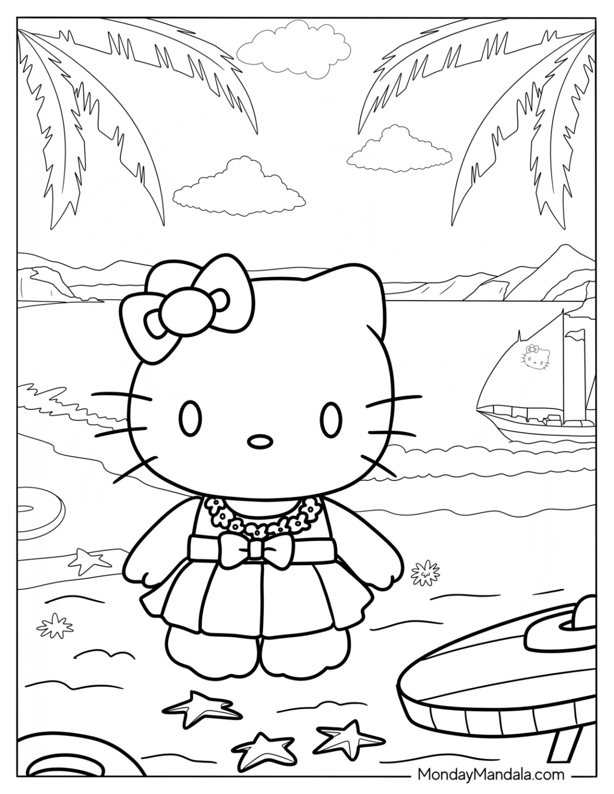 Pretty Hello Kitty At The Beach With A Sailboat Behind Her coloring page