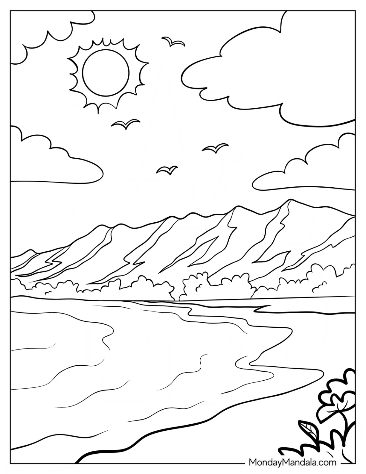 Realistic Beach Coloring Page With Mountain View coloring page