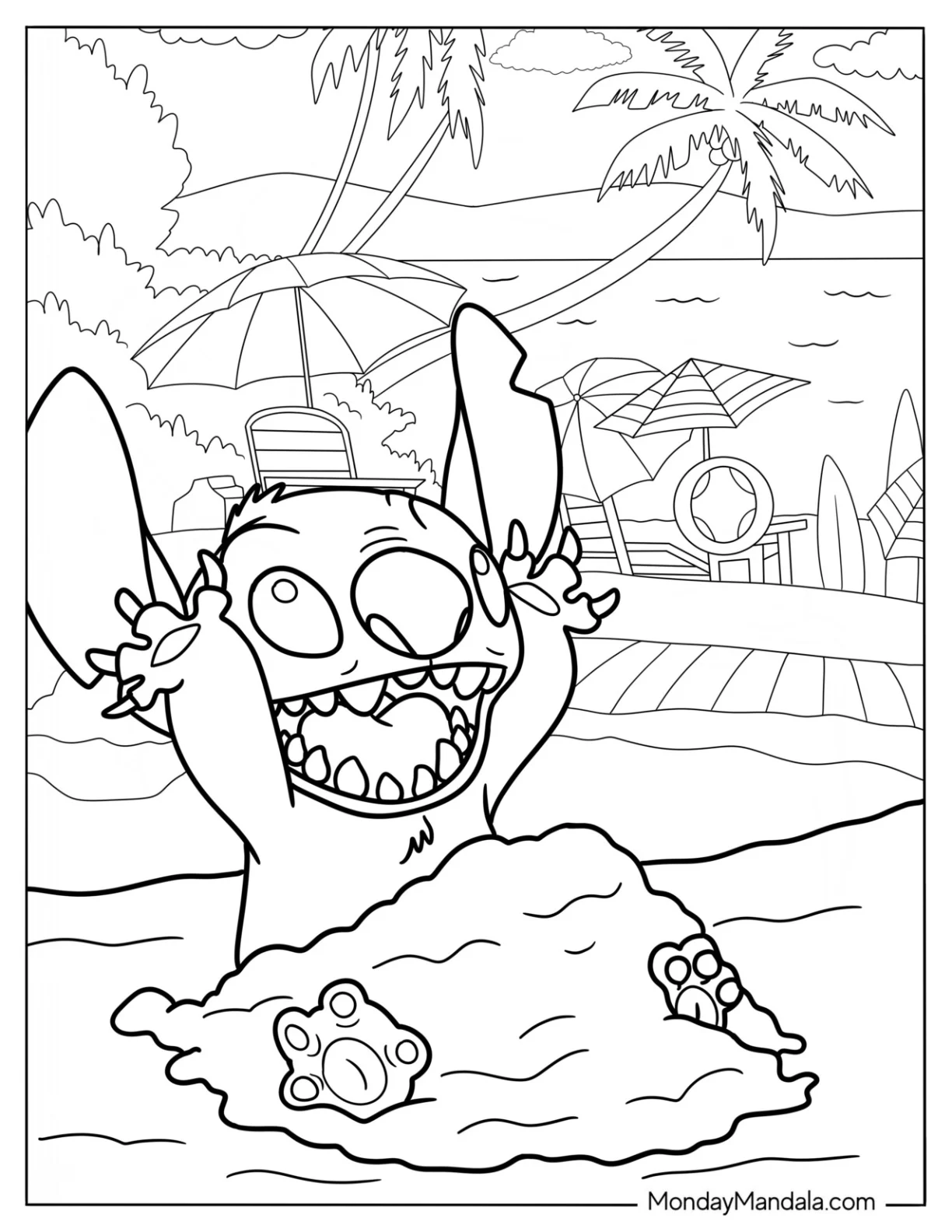 Stitch Burying Himself In The Sand At The Beach coloring page