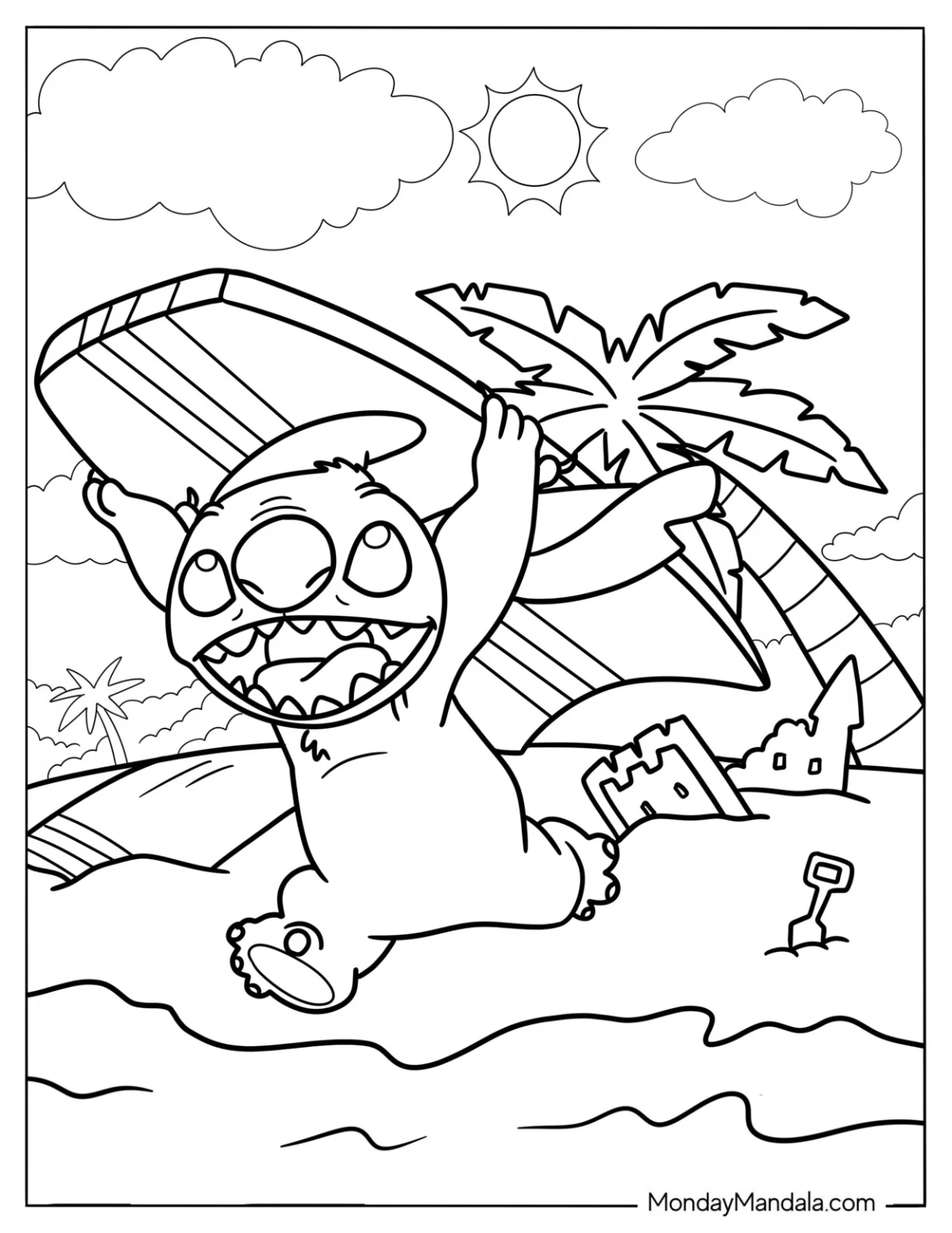 Stitch Running On The Beach With A Surfboard Coloring Sheet coloring page
