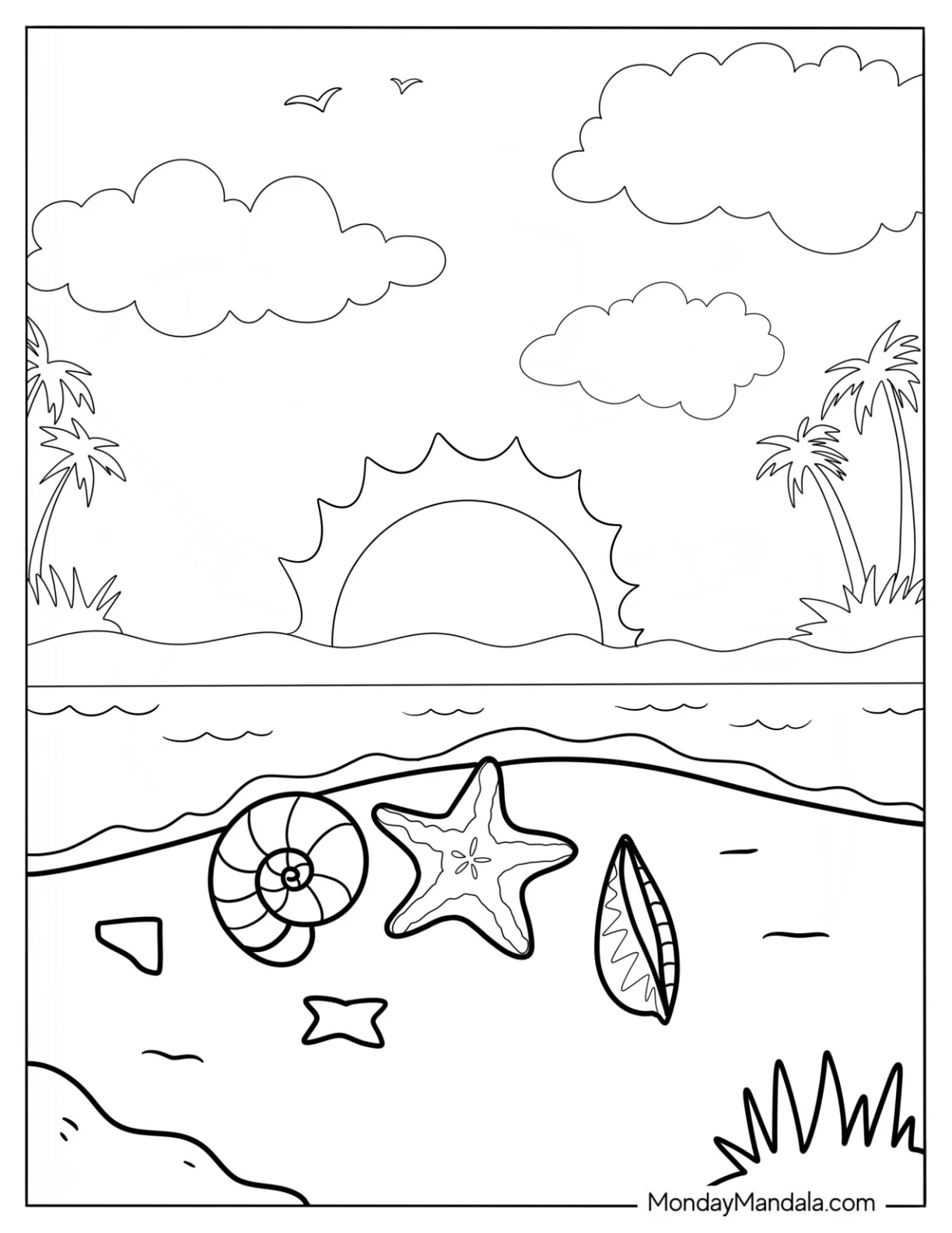Sun Rising On The Horizon At The Beach Coloring Page coloring page