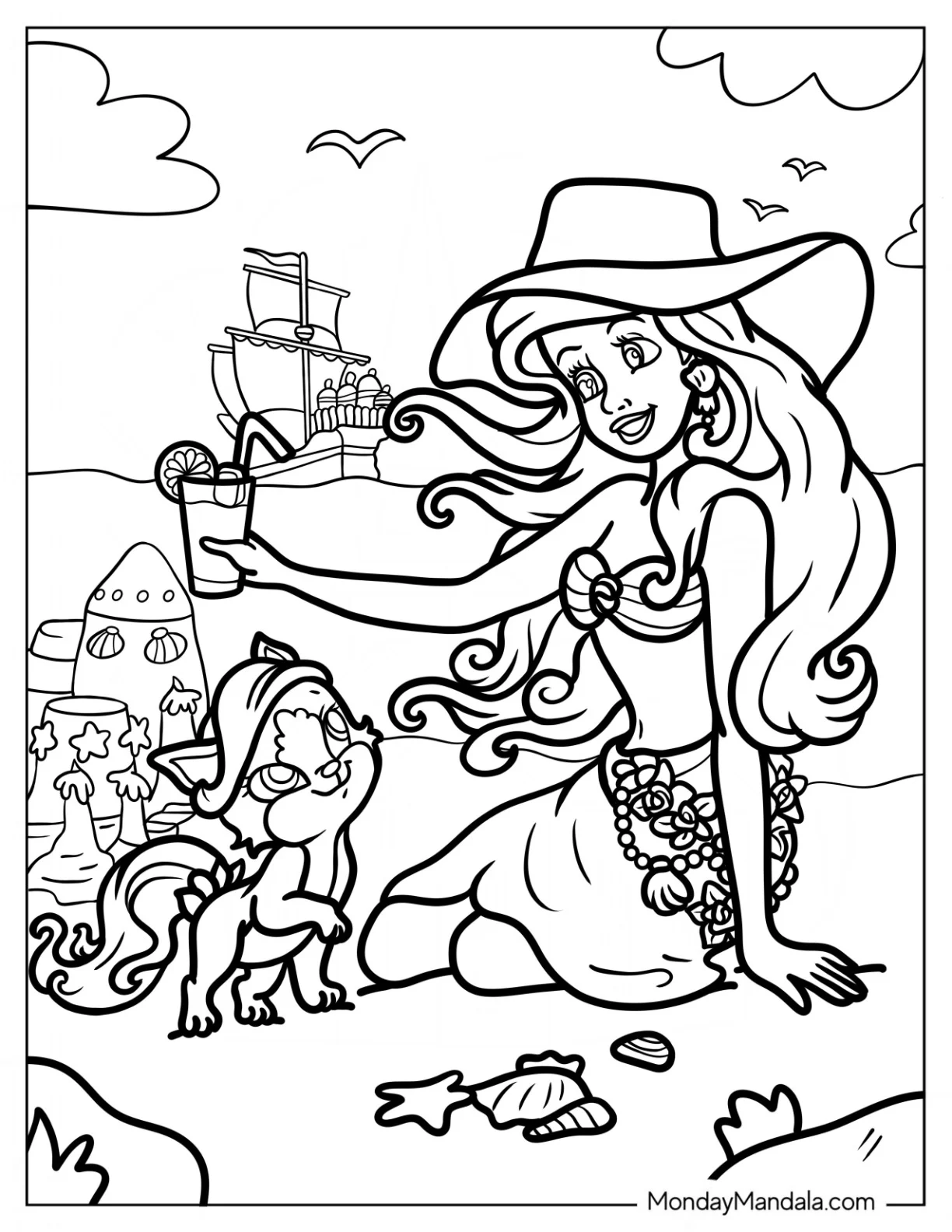 Treasure And Ariel Playing At The Beach Coloring Page coloring page — printable line art