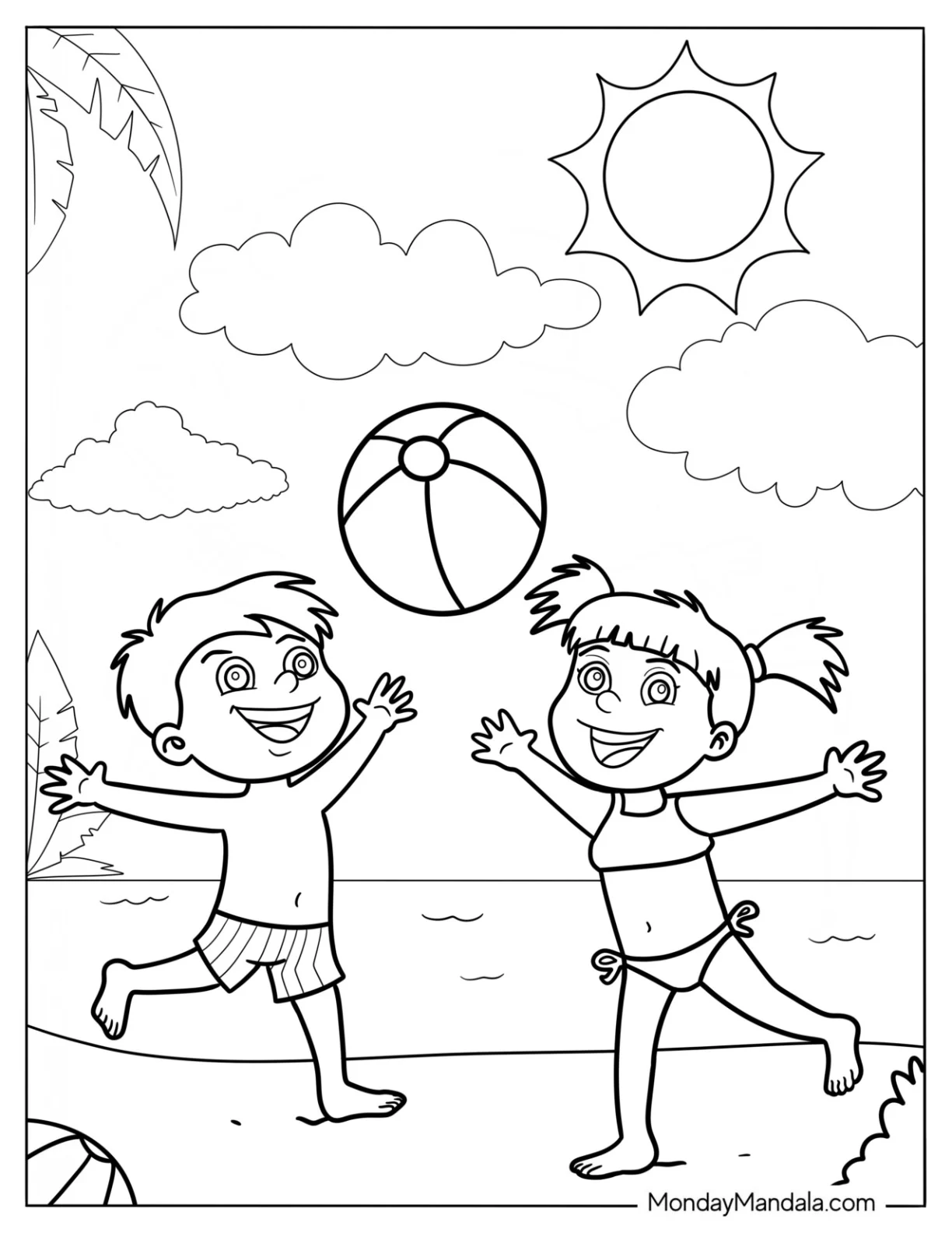 Two Kids Playing With A Beach Ball Coloring Sheet coloring page — printable line art