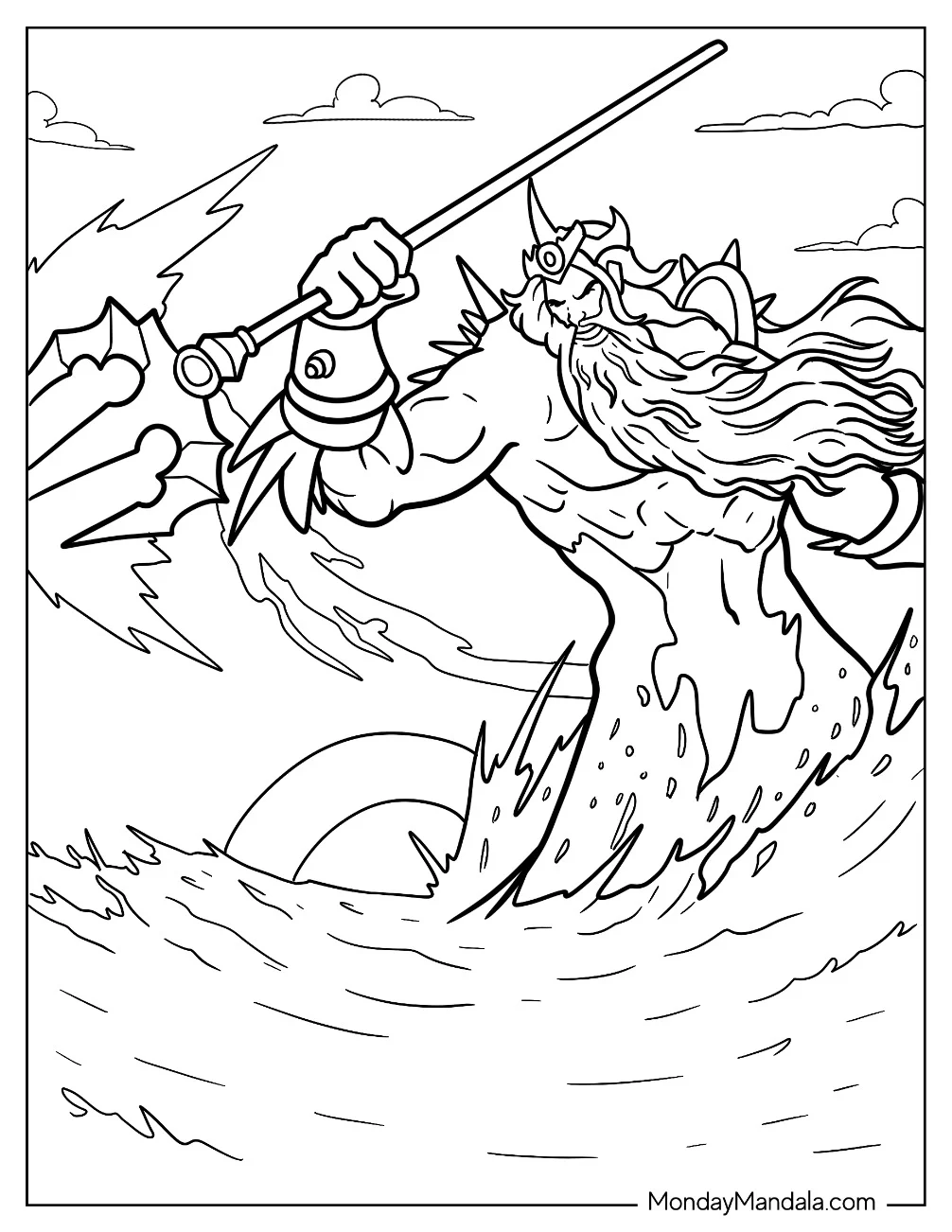 Aquaman Coloring Page Angry Poseidon Holding His Trident Above The Sea coloring page