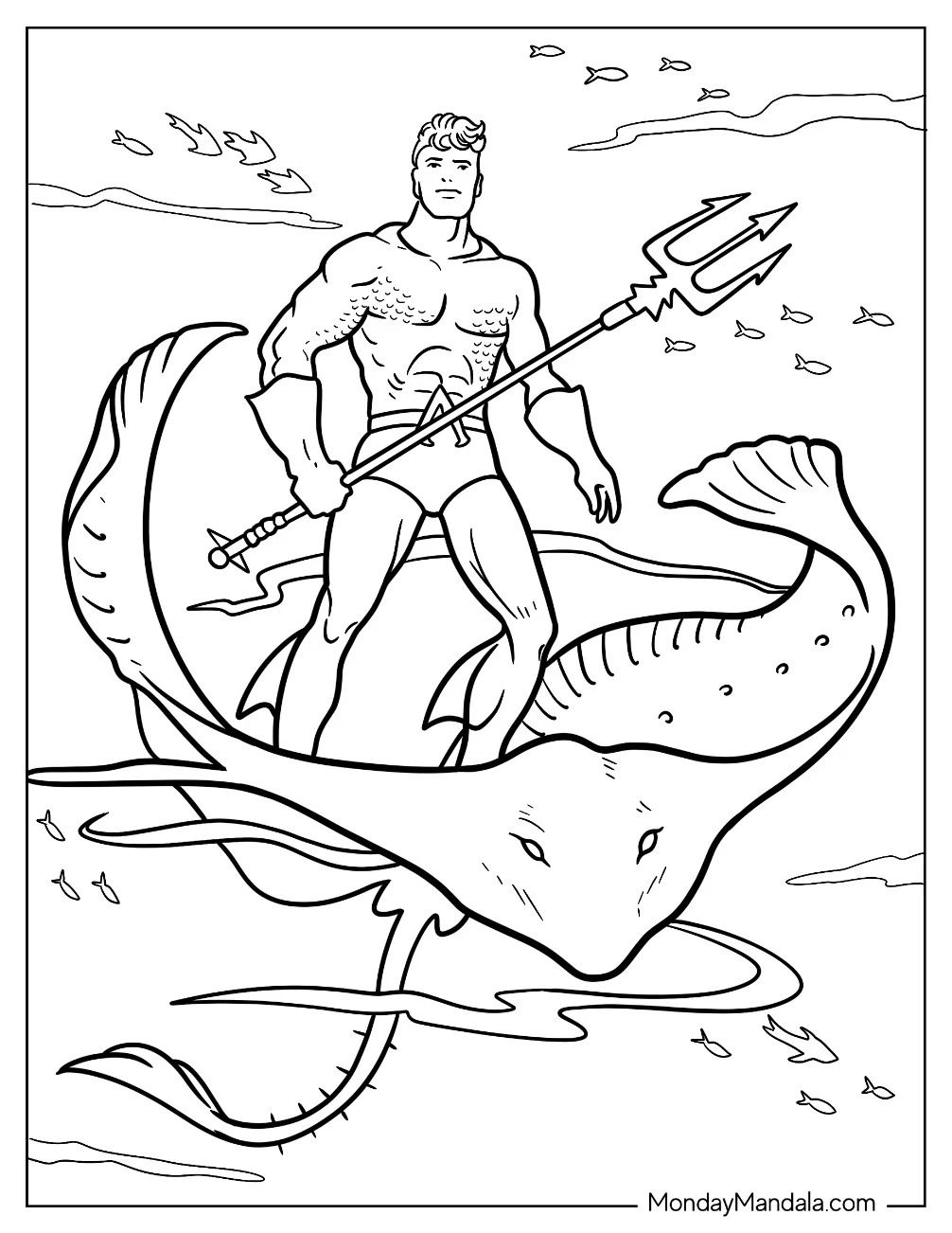 Aquaman Coloring Page Holding his Trident While Riding A Manta Ray coloring page
