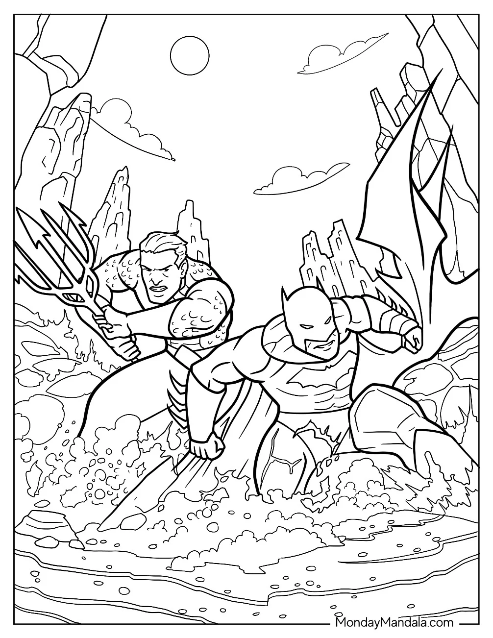 Batman Fighting Alongside Aquaman Coloring Page coloring page