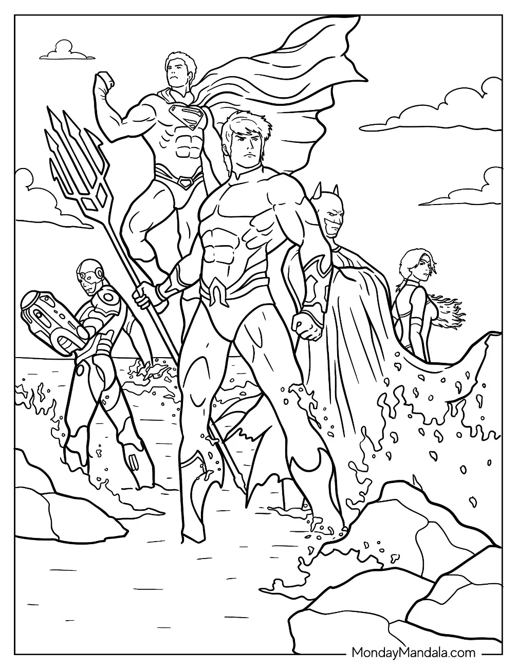 Justice League Aquaman Coloring Page, Superman, Batman, Wonder Woman, And Cyborg coloring page