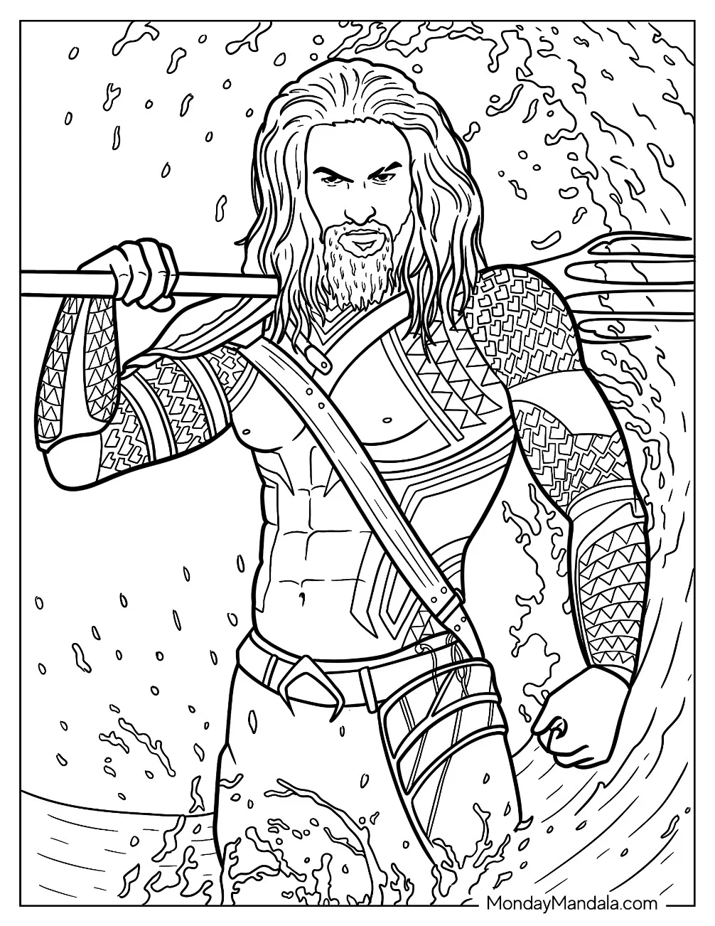 Muscular Jason Momoa As Aquaman Coloring Page Holding Trident Over His Shoulder coloring page