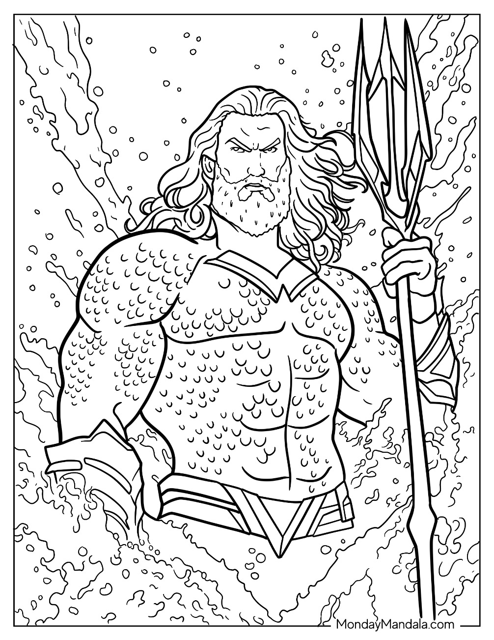 Realistic Aquaman Coloring Page With Trident And Water In The Back coloring page
