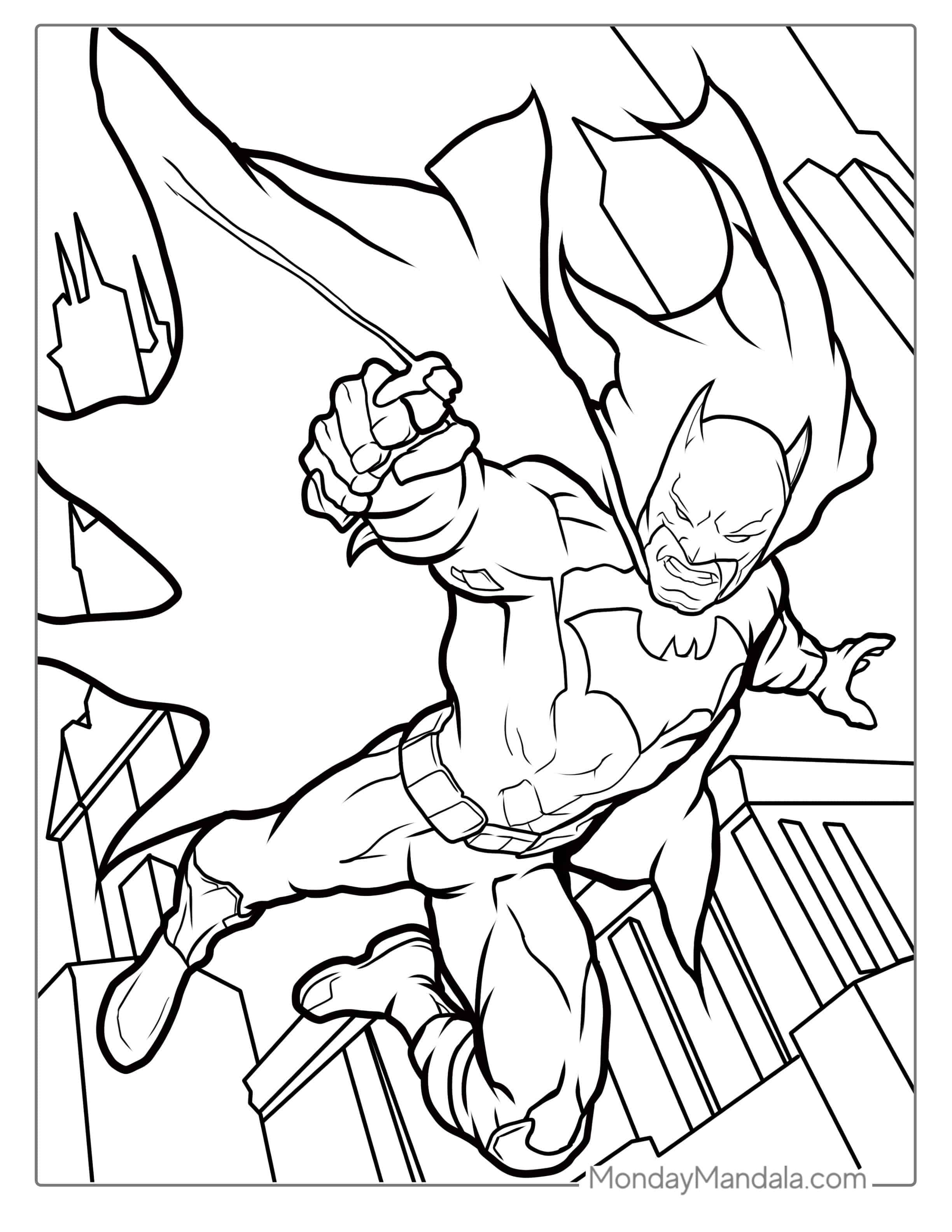 Batman With Cape Swinging From Building coloring page — printable line art