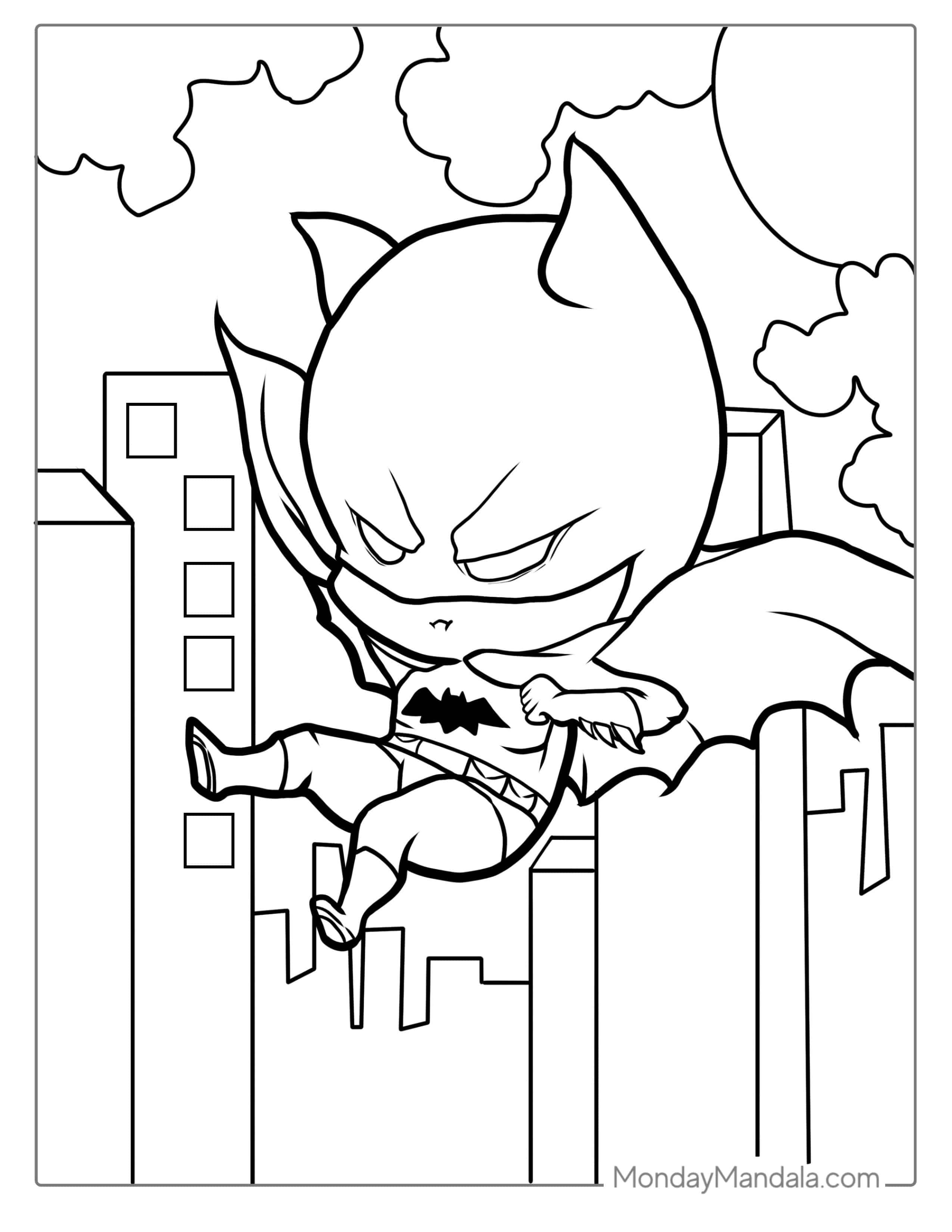Cute Batman Jumping Off Building To Color coloring page — printable line art