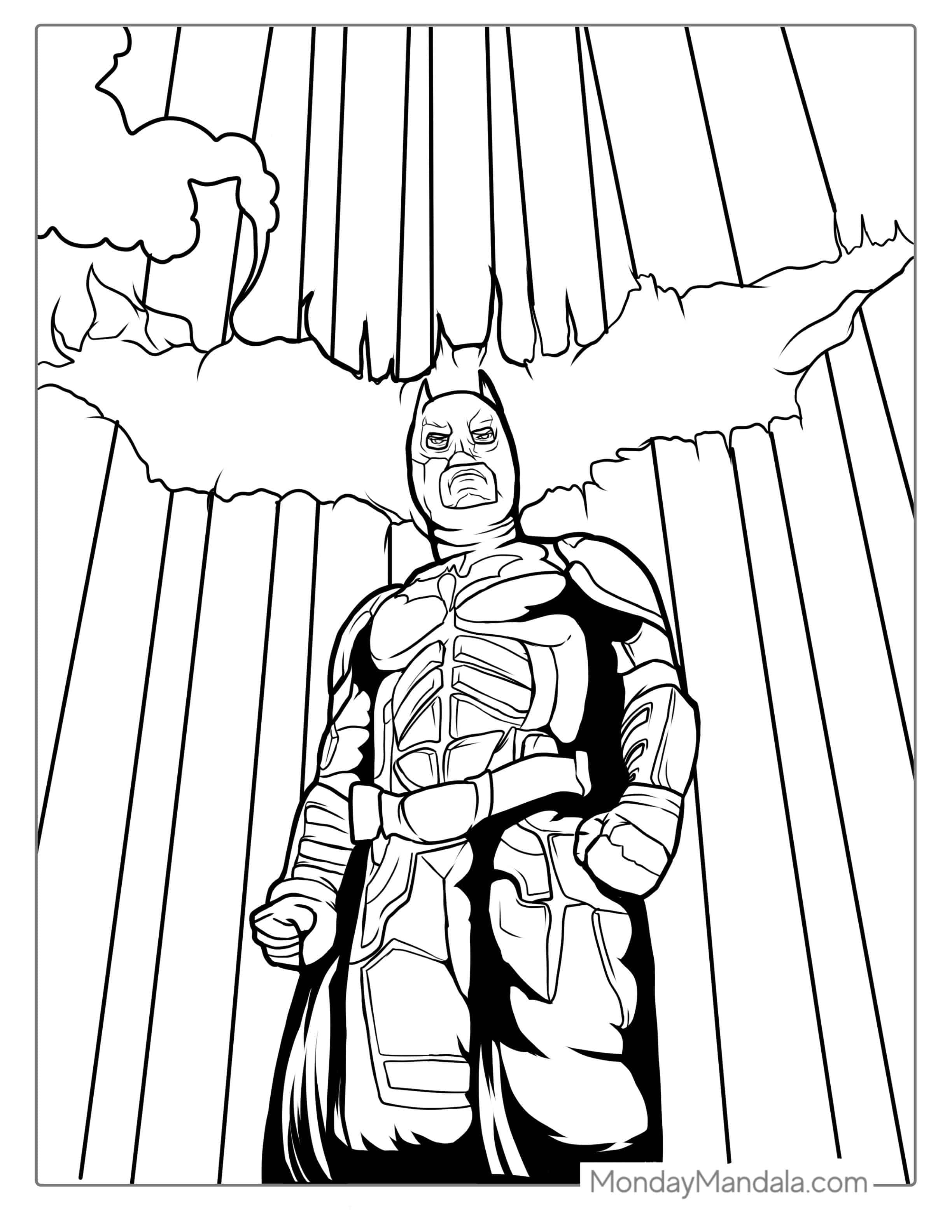 Dark Knight Batman Standing In Gotham coloring page — printable line art
