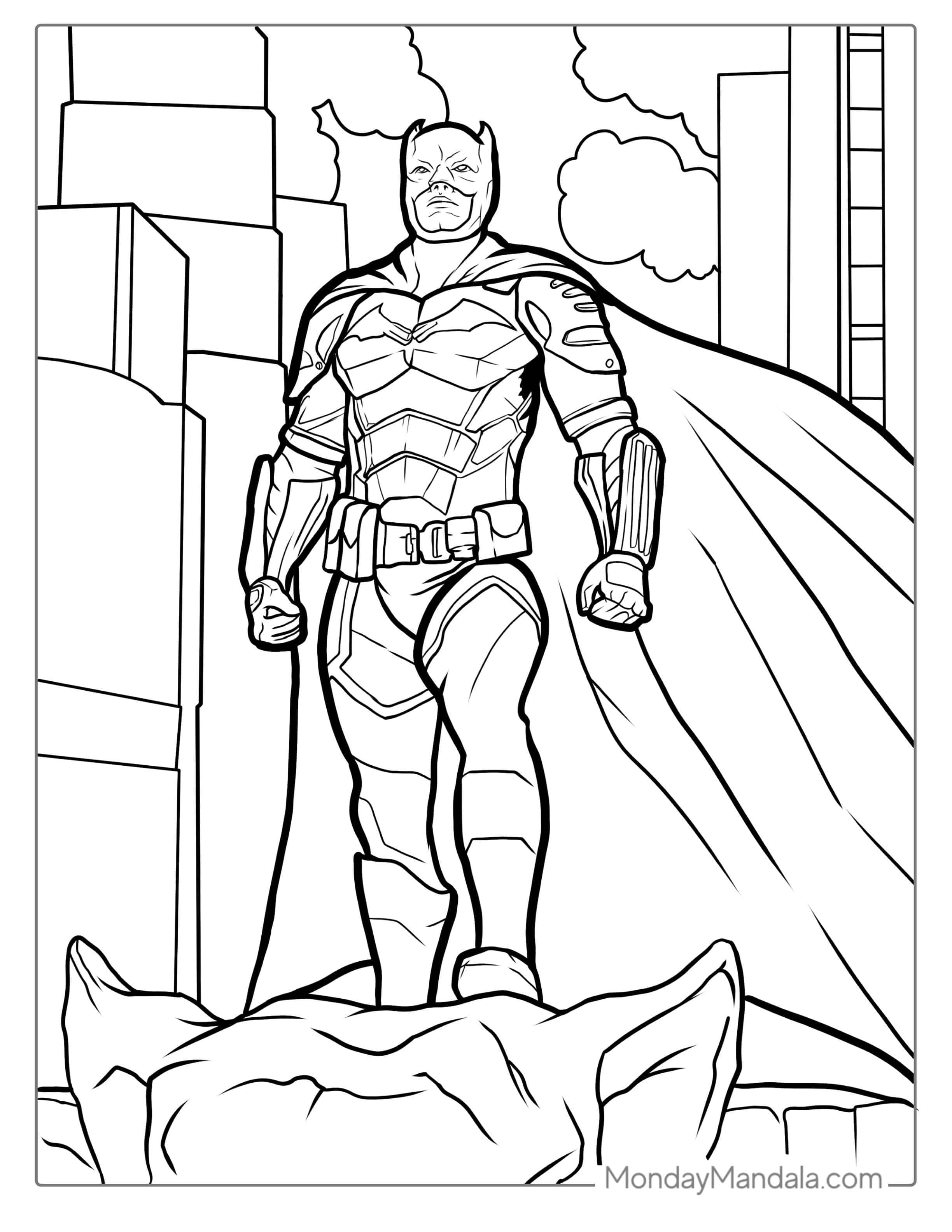 Dark Knight Batman Standing On Building coloring page — printable line art
