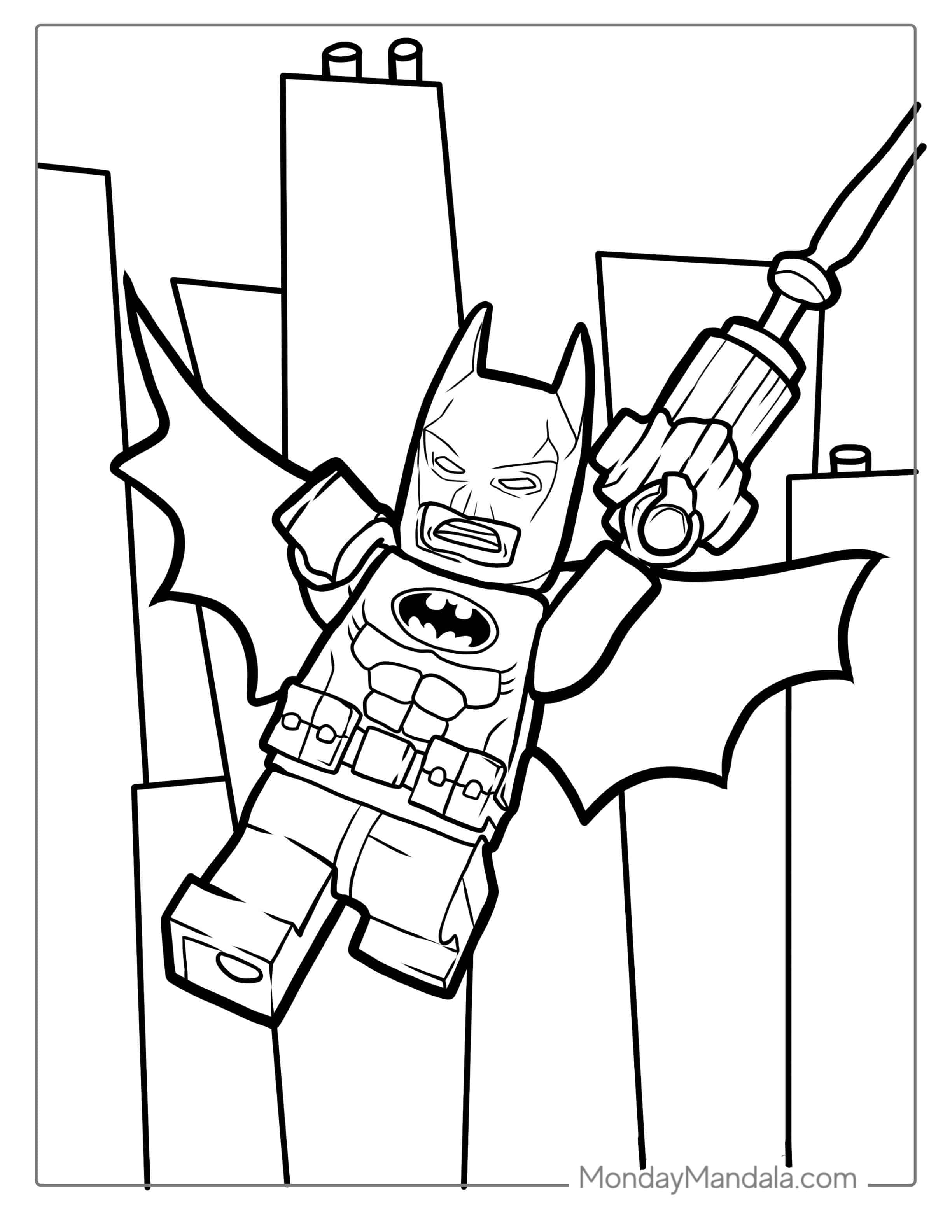 Lego Batman Swinging From Building coloring page — printable line art