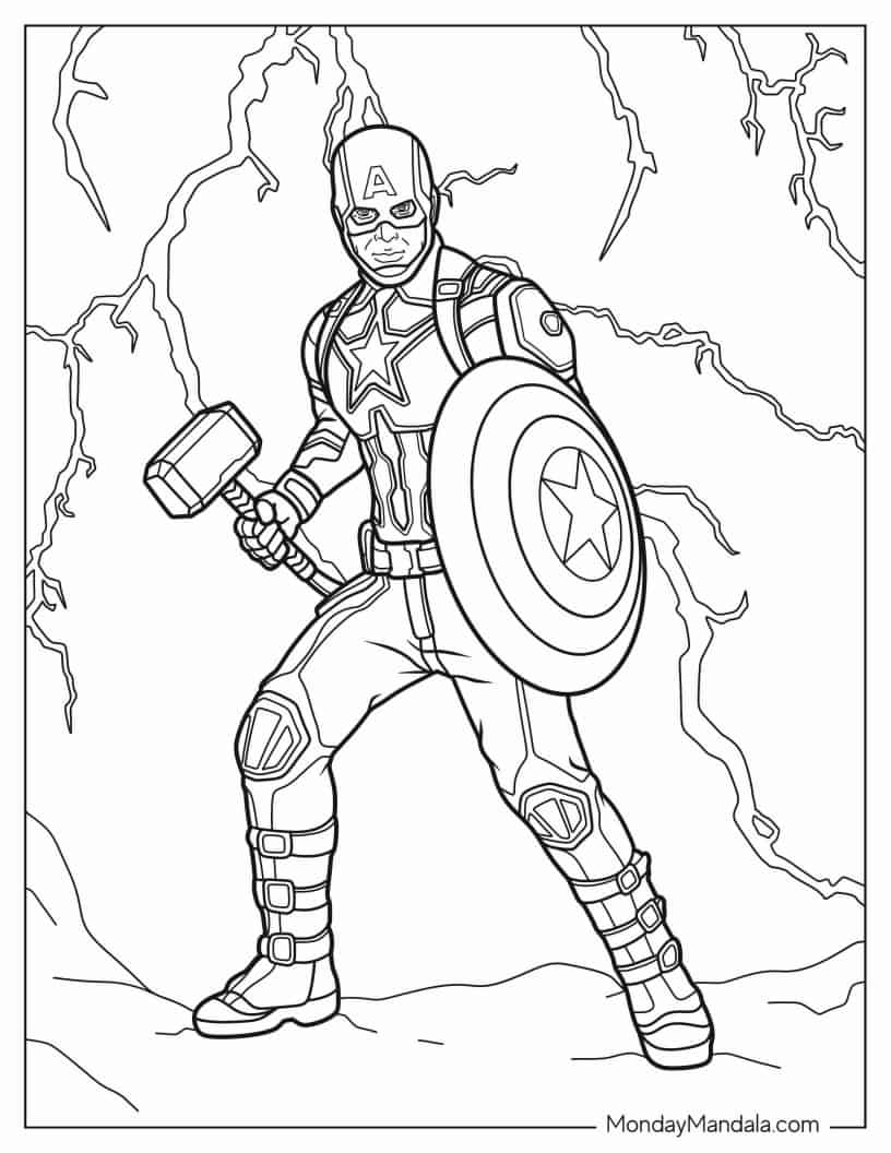 Captain America Holding Thors Hammer With Lightening coloring page