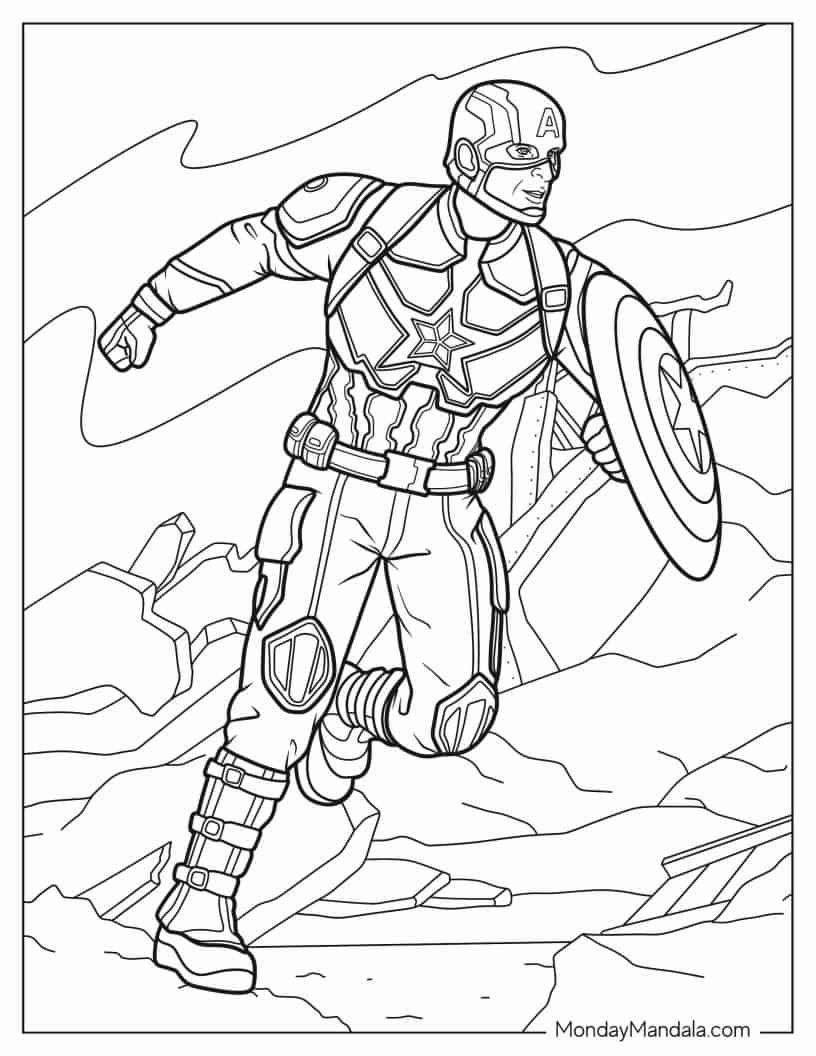 Captain America Running Through Rubble coloring page