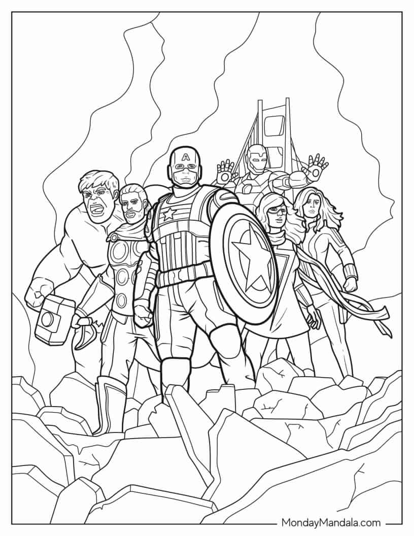 Captain America With Avengers coloring page — printable line art