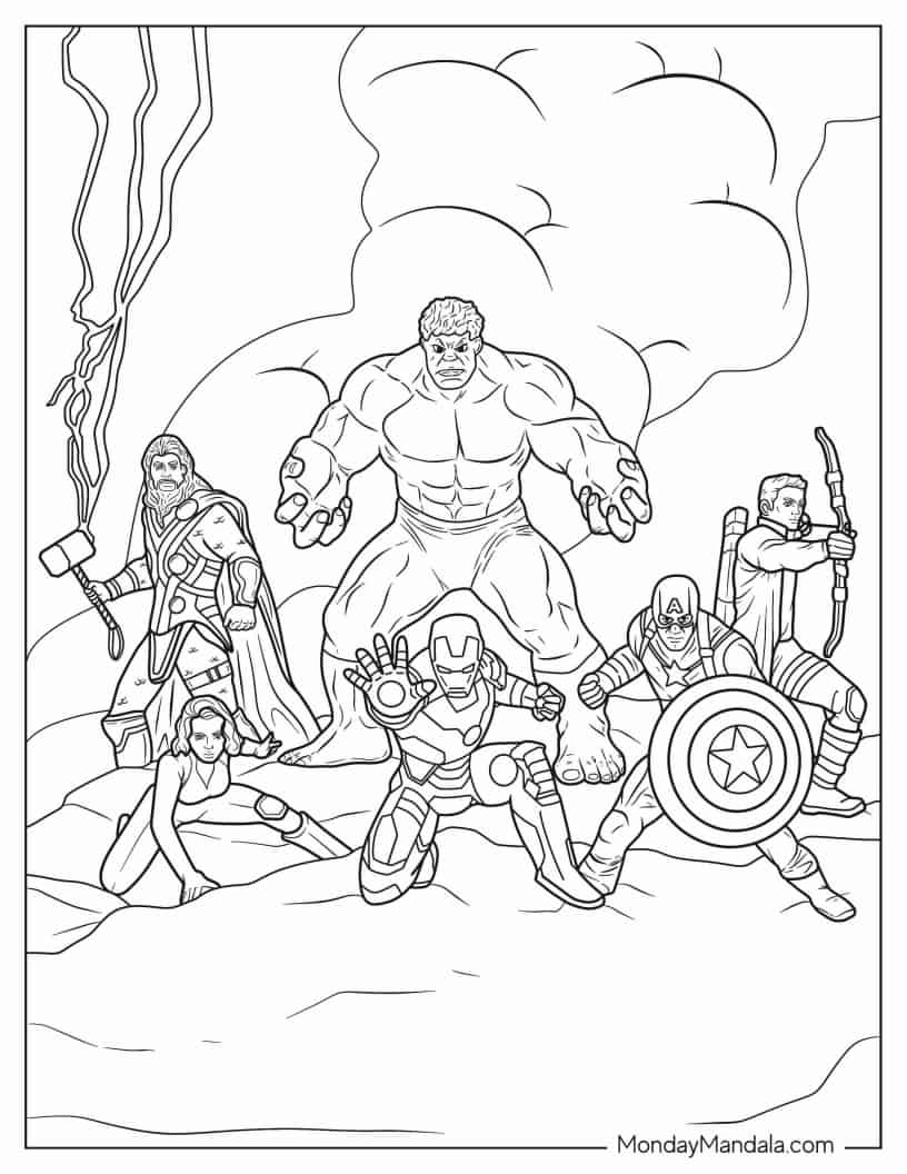 Captain America With Hulk, Iron Man, Thor, Black Widow and Hawk Eye coloring page — printable line art