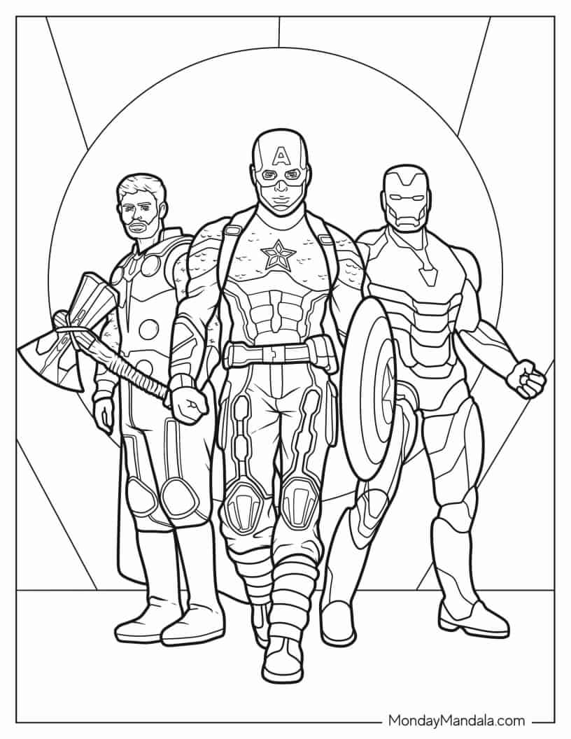 Captain America With Thor And Iron Man coloring page — printable line art