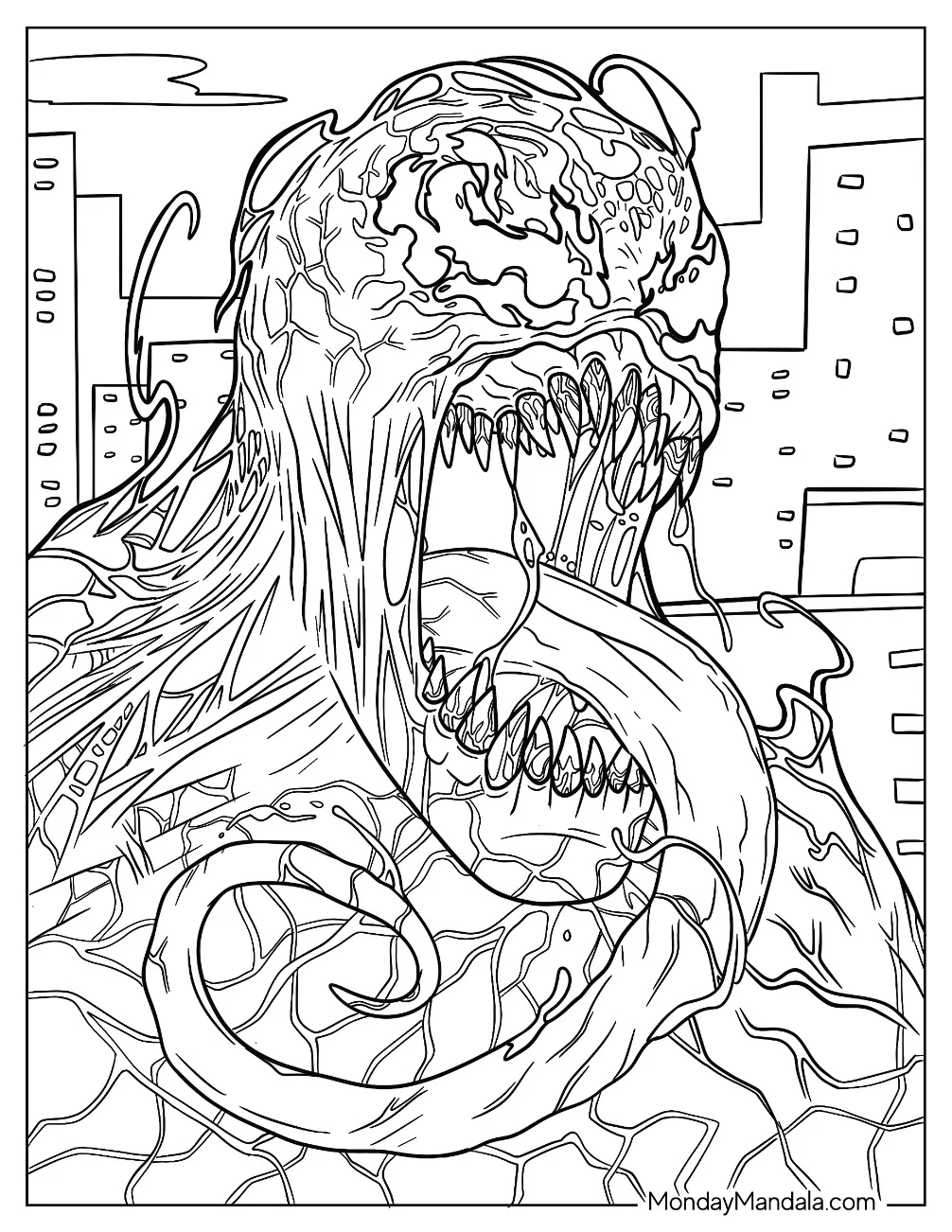 Scary Close Up Of Carnage Coloring Page With Tongue Out coloring page