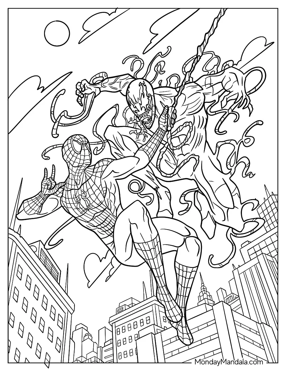 Spider-Man Fighting Carnage Coloring Page coloring page — printable line art