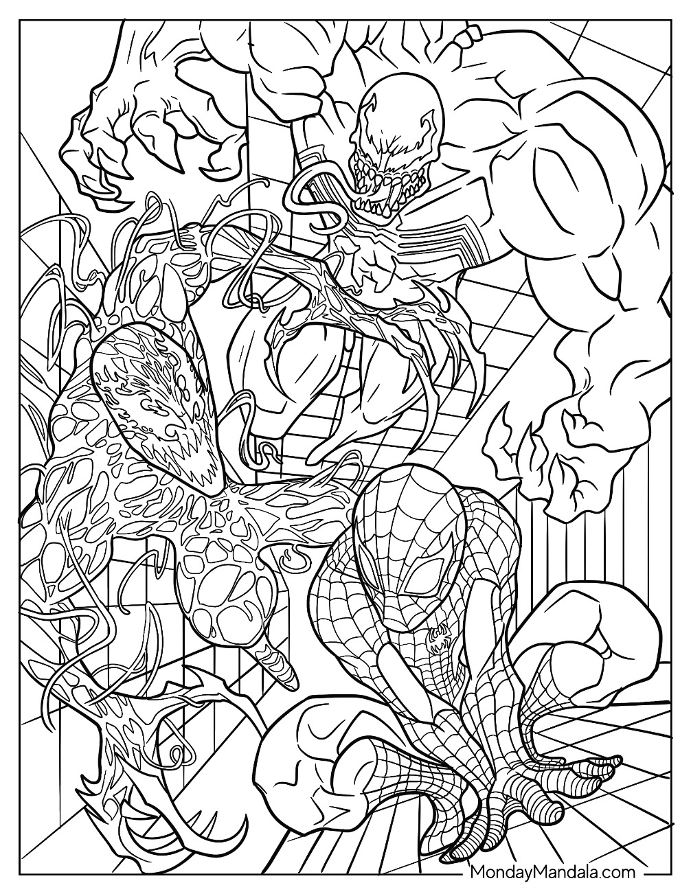 Venom And Carnage Coloring Page Chasing Spider Man coloring page — printable line art