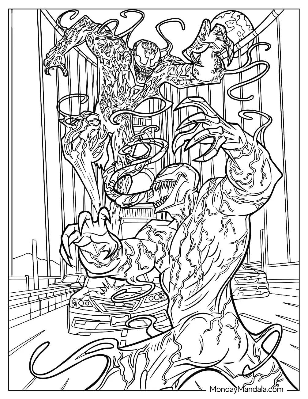Venom Vs Carnage Coloring Page Fighting On Golden Gate Bridge coloring page