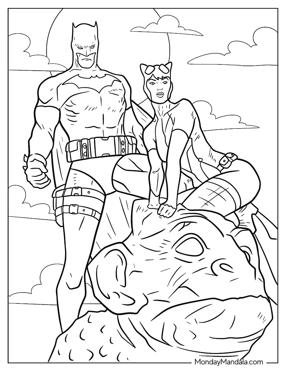Batman And Catwoman Coloring Page Standing On Top Of Gargoyle coloring page