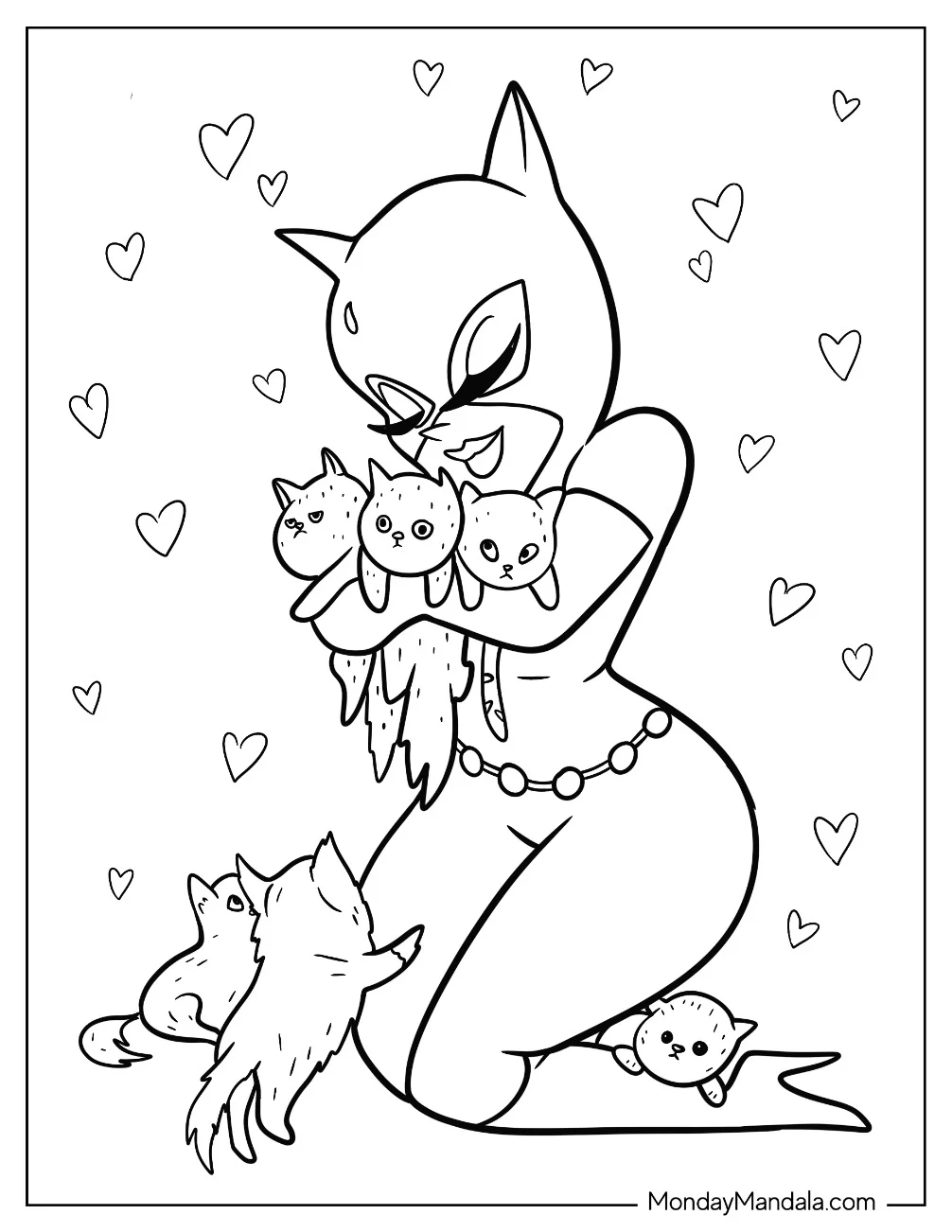 Cartoon Catwoman Coloring Page Cuddling With Kittens coloring page