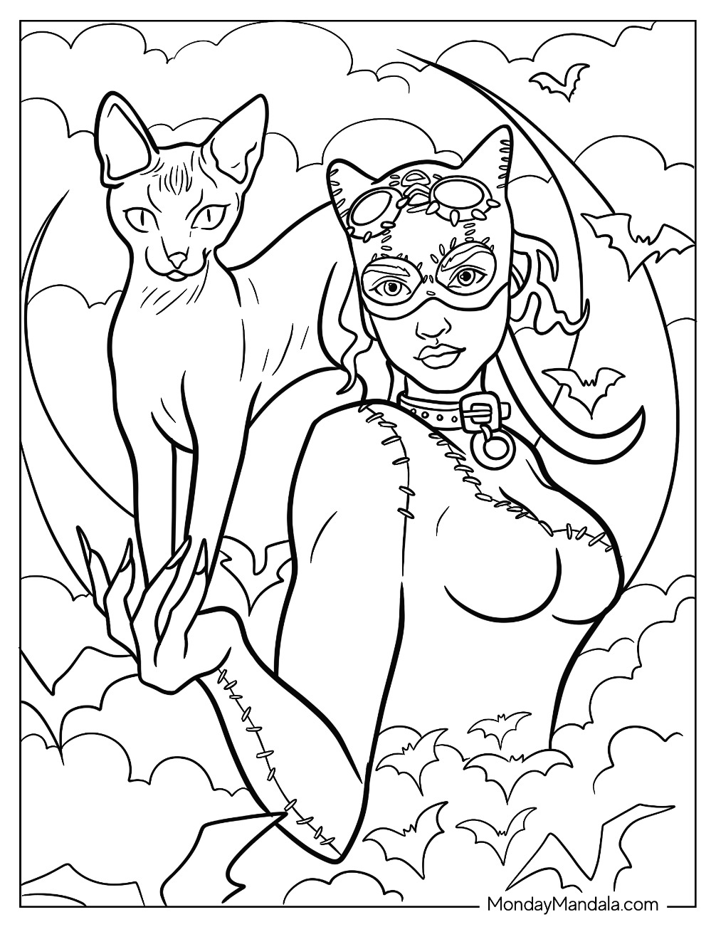 Cartoon Catwoman Coloring Page With Cat And Bats For Kids coloring page