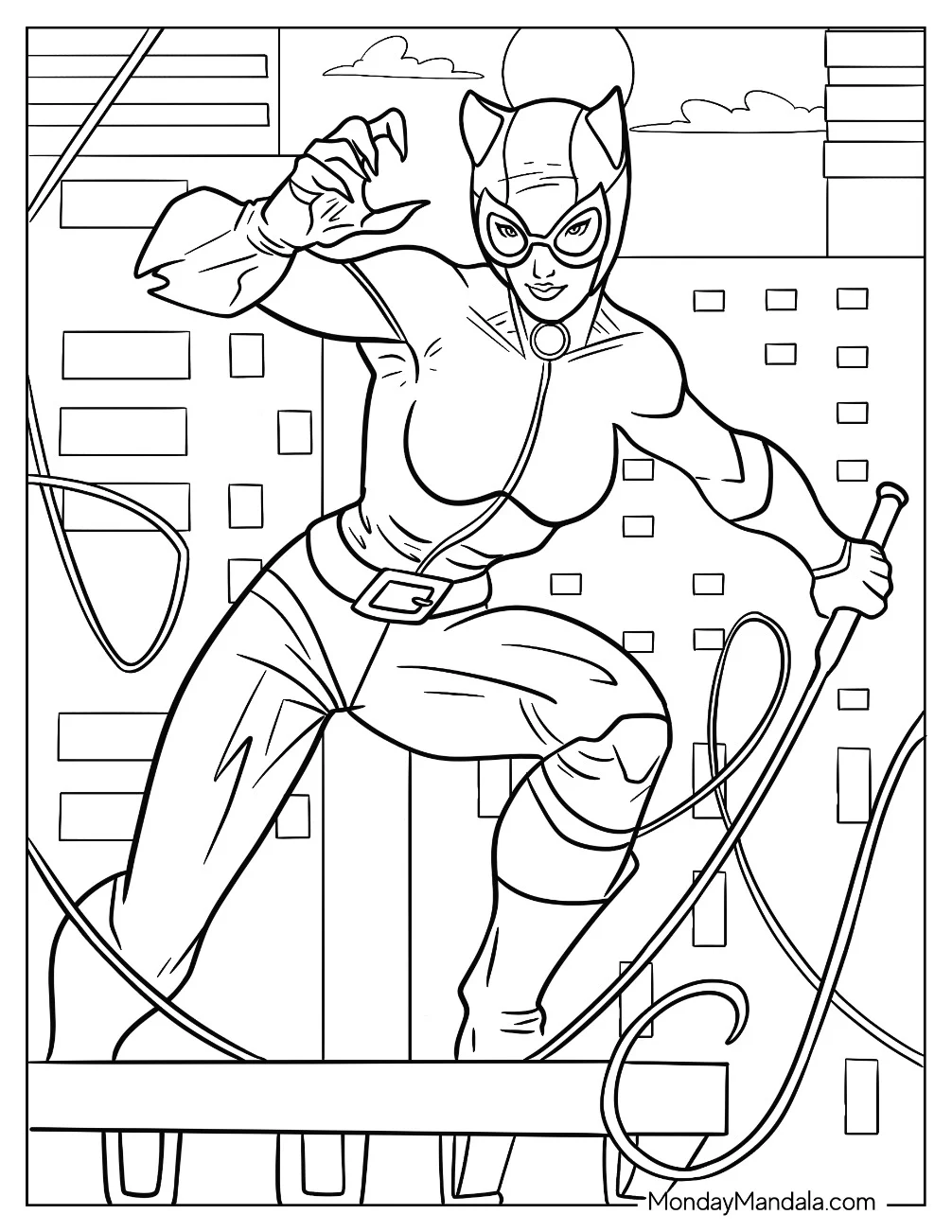 Catwoman Coloring Page Showing Claws And Holding Wip On A Rooftop coloring page