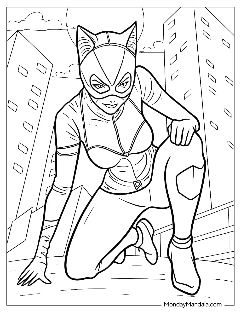 Catwoman Coloring Page Smirking With Moon In Background coloring page