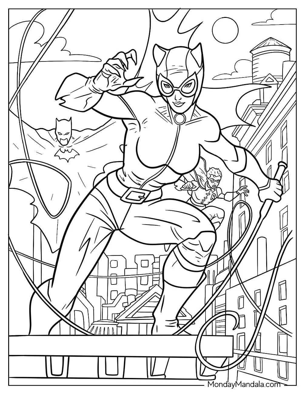 Catwoman Coloring Page With Batman And Robin In The City coloring page