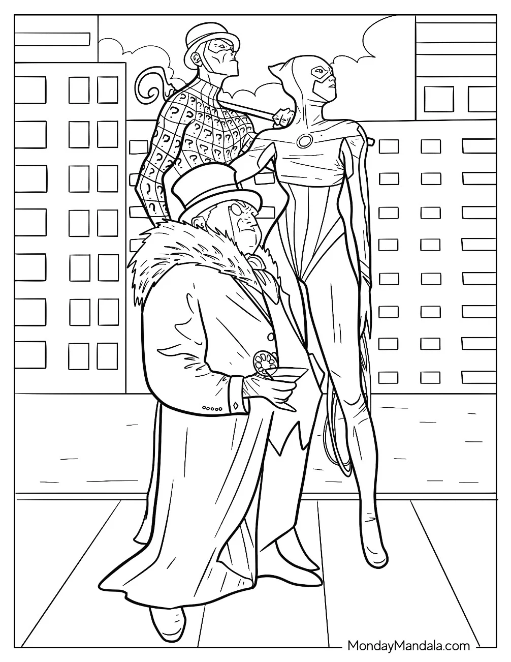 Catwoman Coloring Page With The Riddler And Penguin coloring page