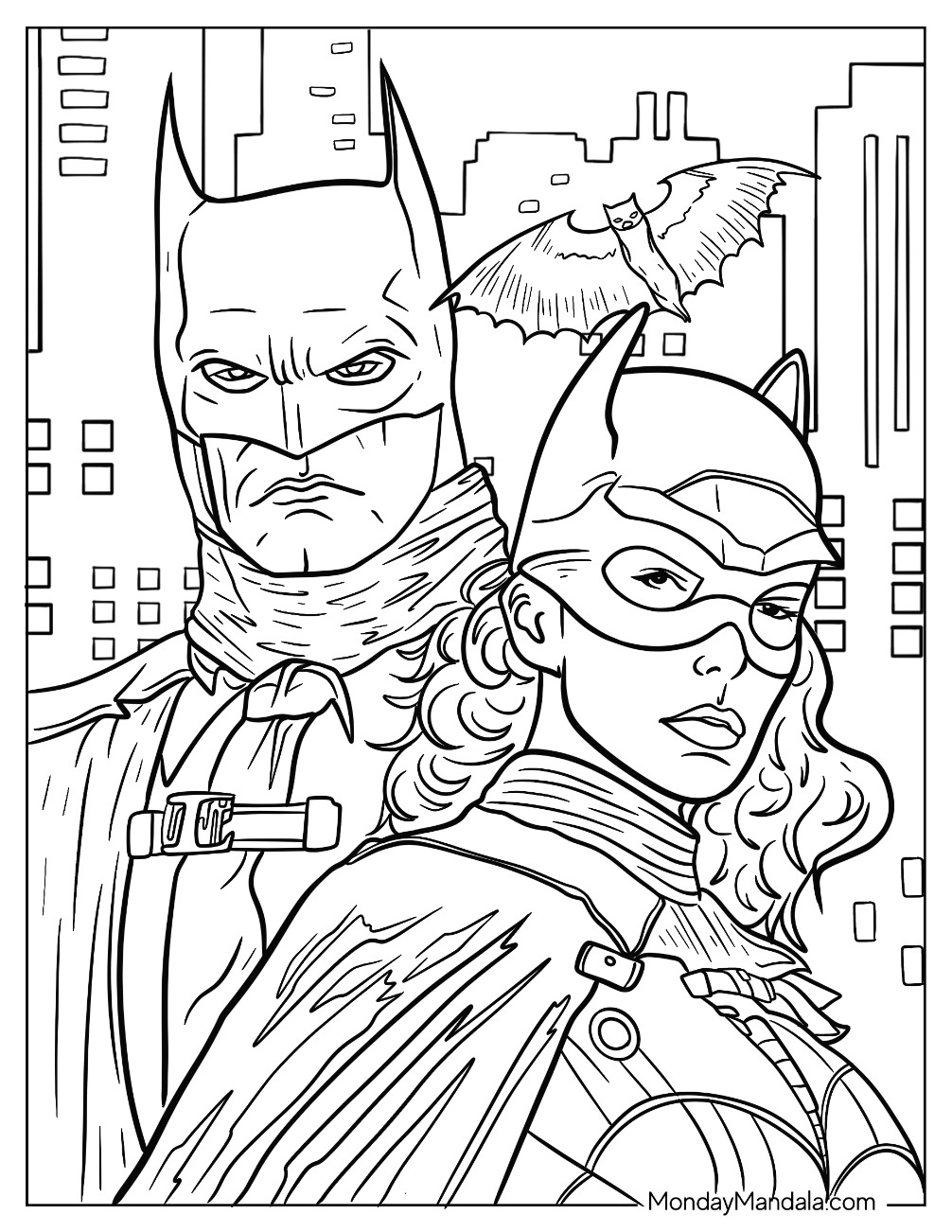 Detailed Batman And Catwoman Coloring Page In Gotham coloring page