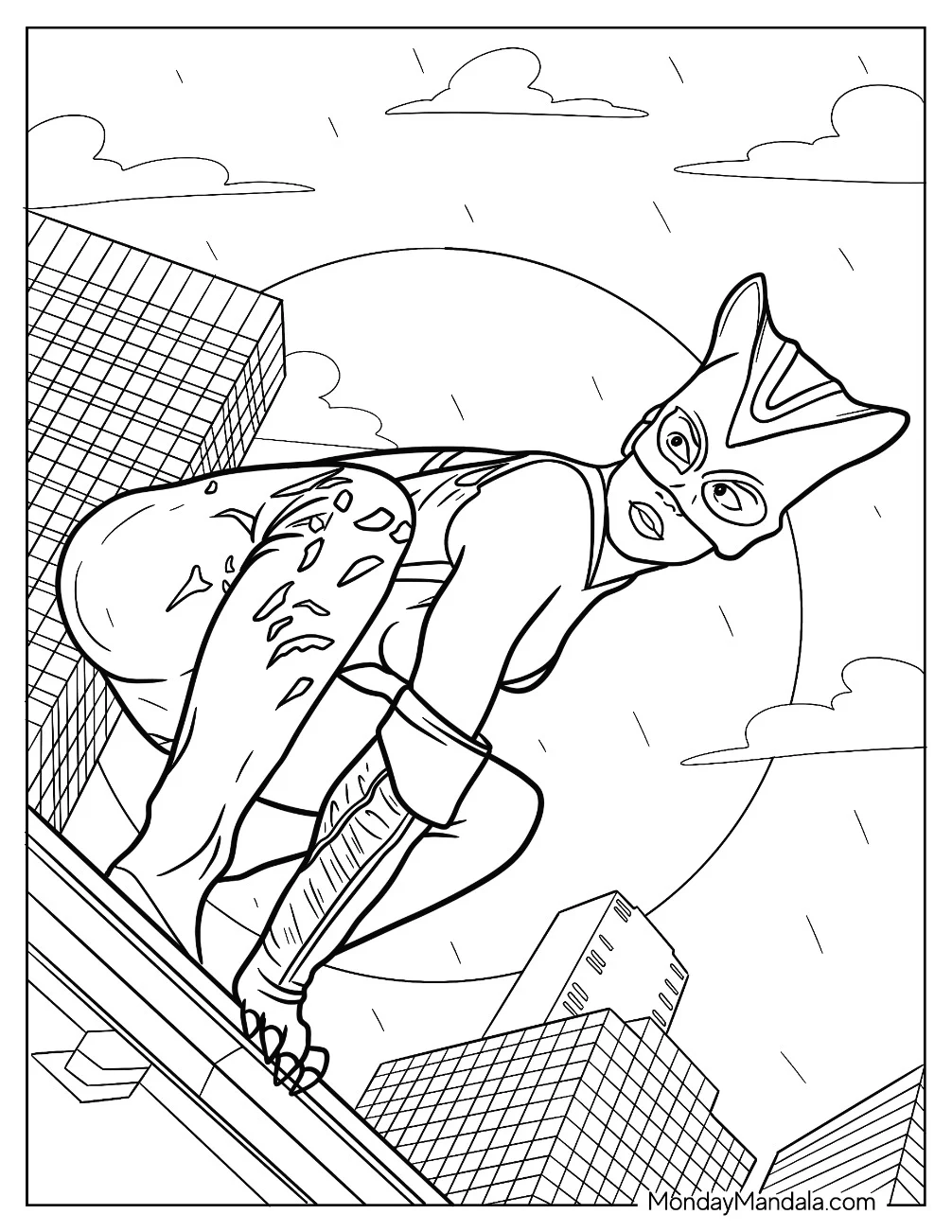 Halle Berry Catwoman Coloring Page On A Rooftop At Night coloring page