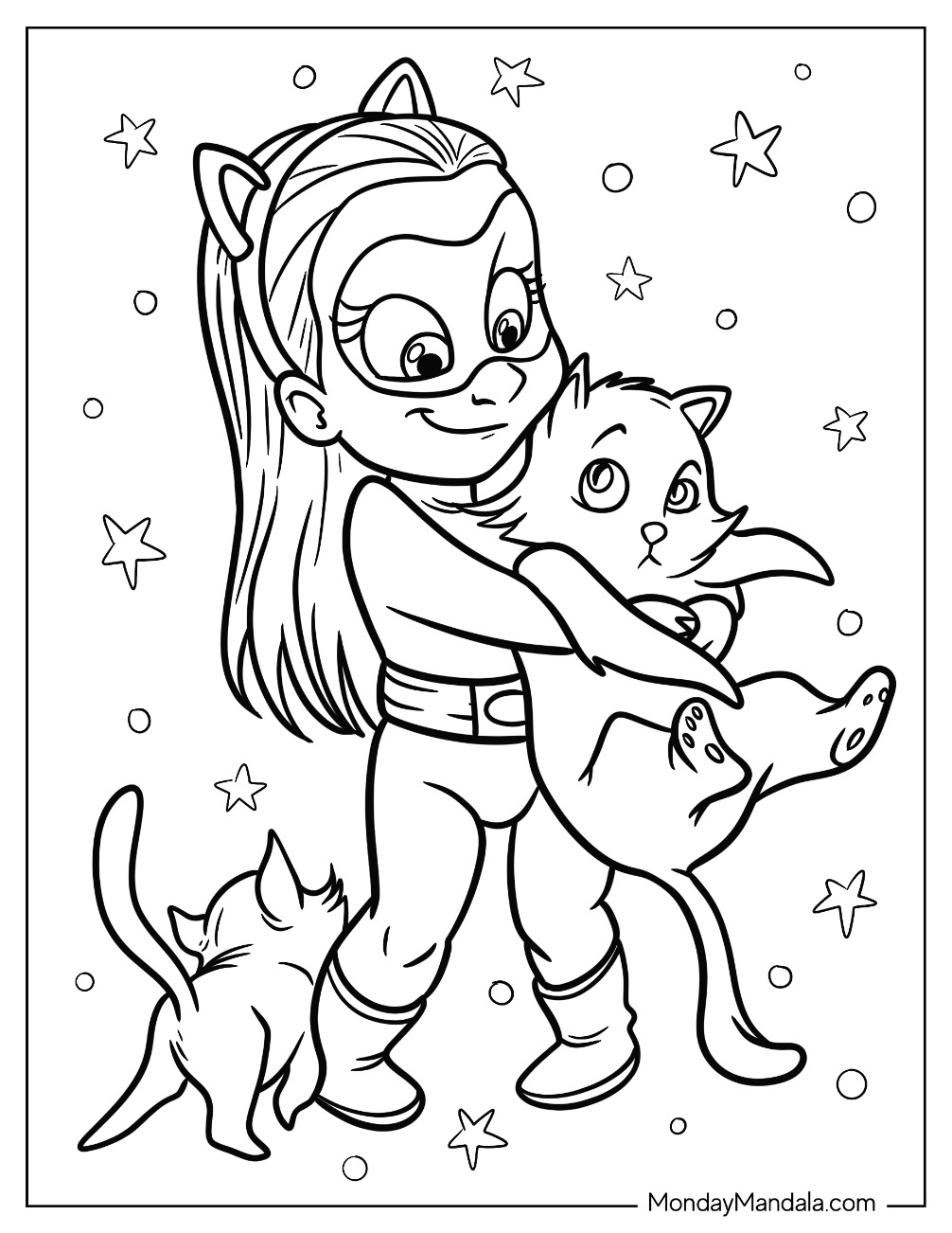 Little Catwoman Coloring Page Holding Kittens For Kids coloring page