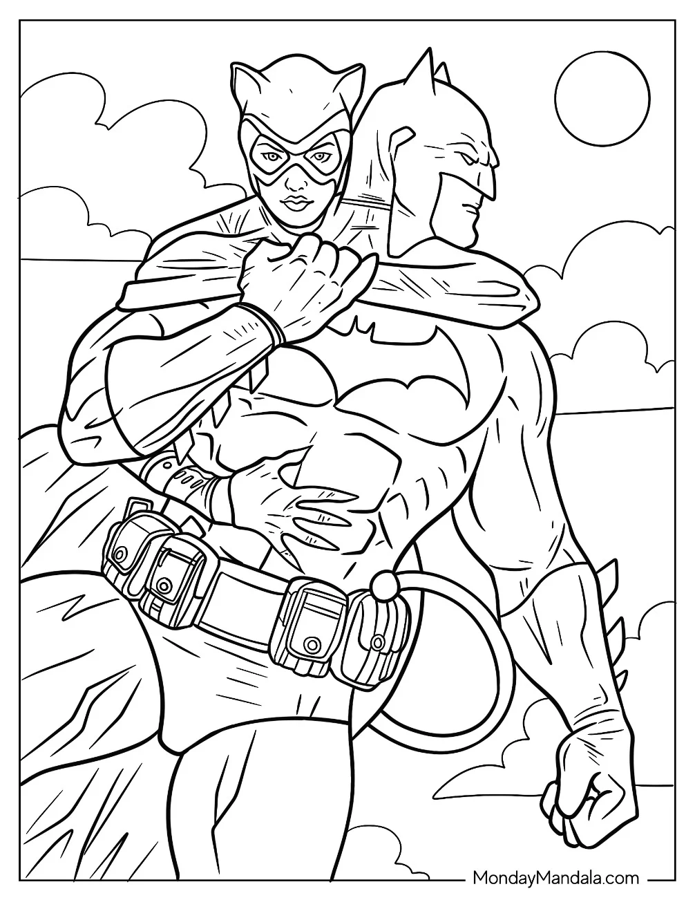 Realistic Catwoman Coloring Page Clinging To Batman coloring page