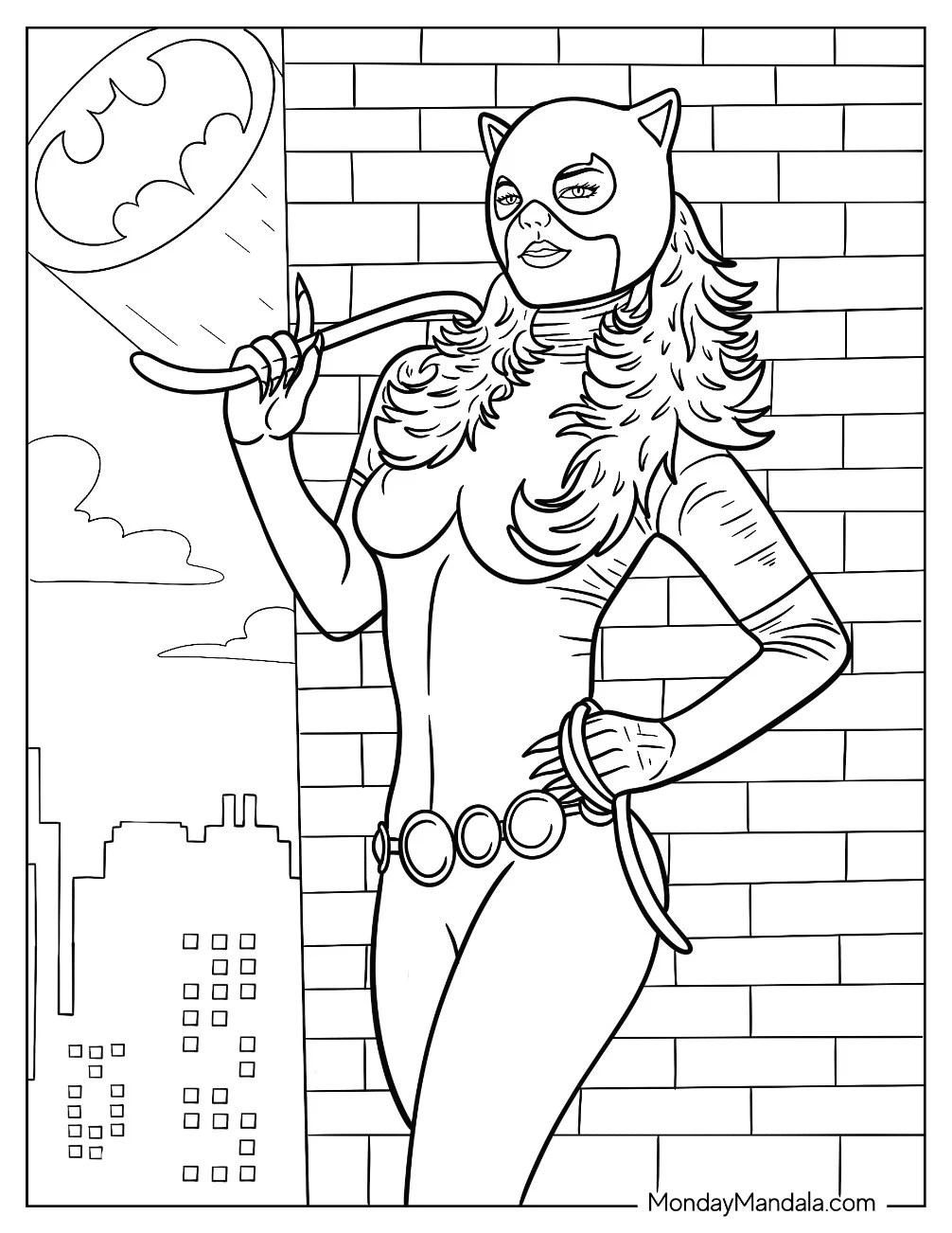 Selina Kyle Catwoman Coloring Page In An Alley With Bat Signal In The Sky coloring page